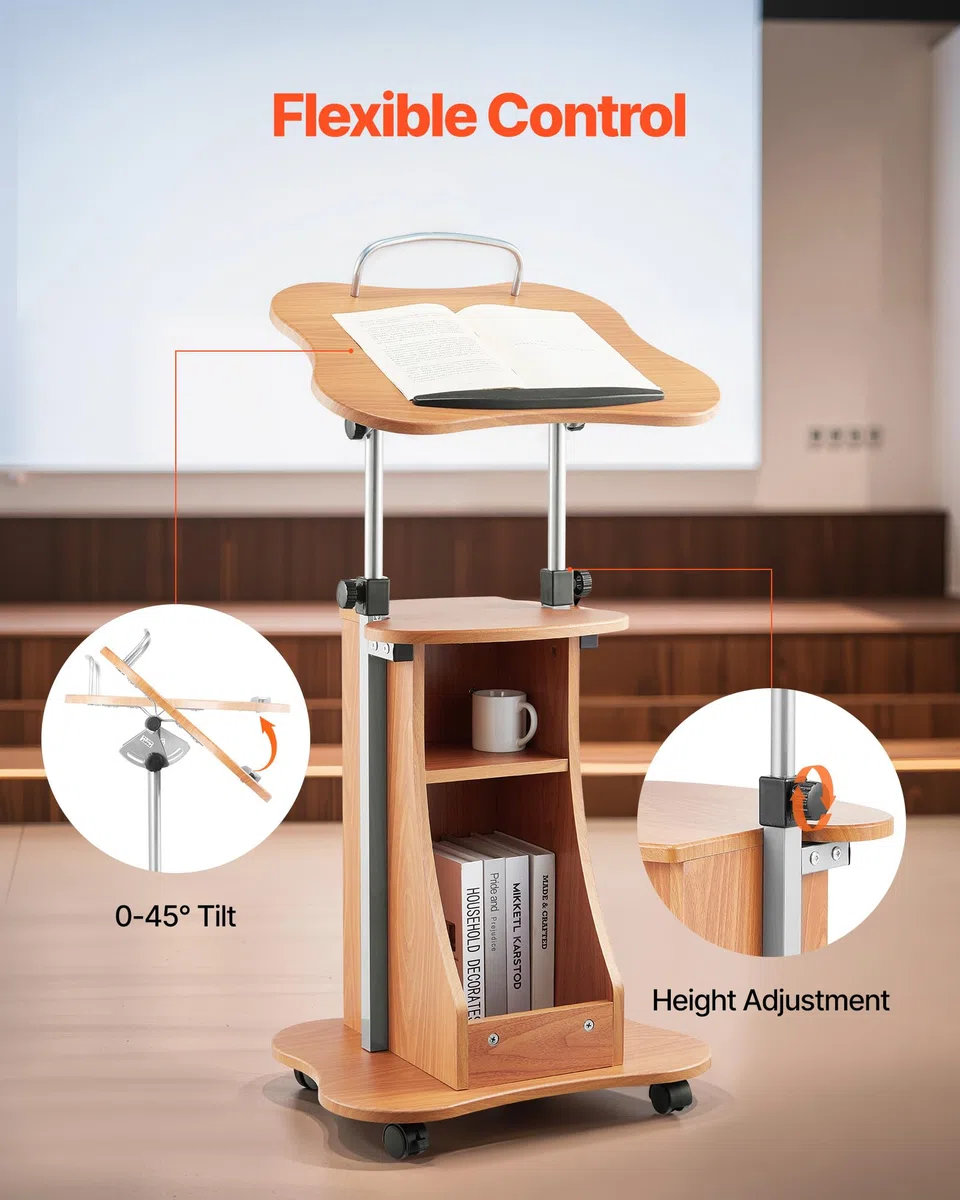 VEVOR Supporto per Podio, Capacità di Peso 10 kg Podio per Conferenze con Ruote Bloccabili, Ampia Superficie di Lettura e Vano Portaoggetti Aperto, Altezza e Angolazione Regolabili, per Discorsi