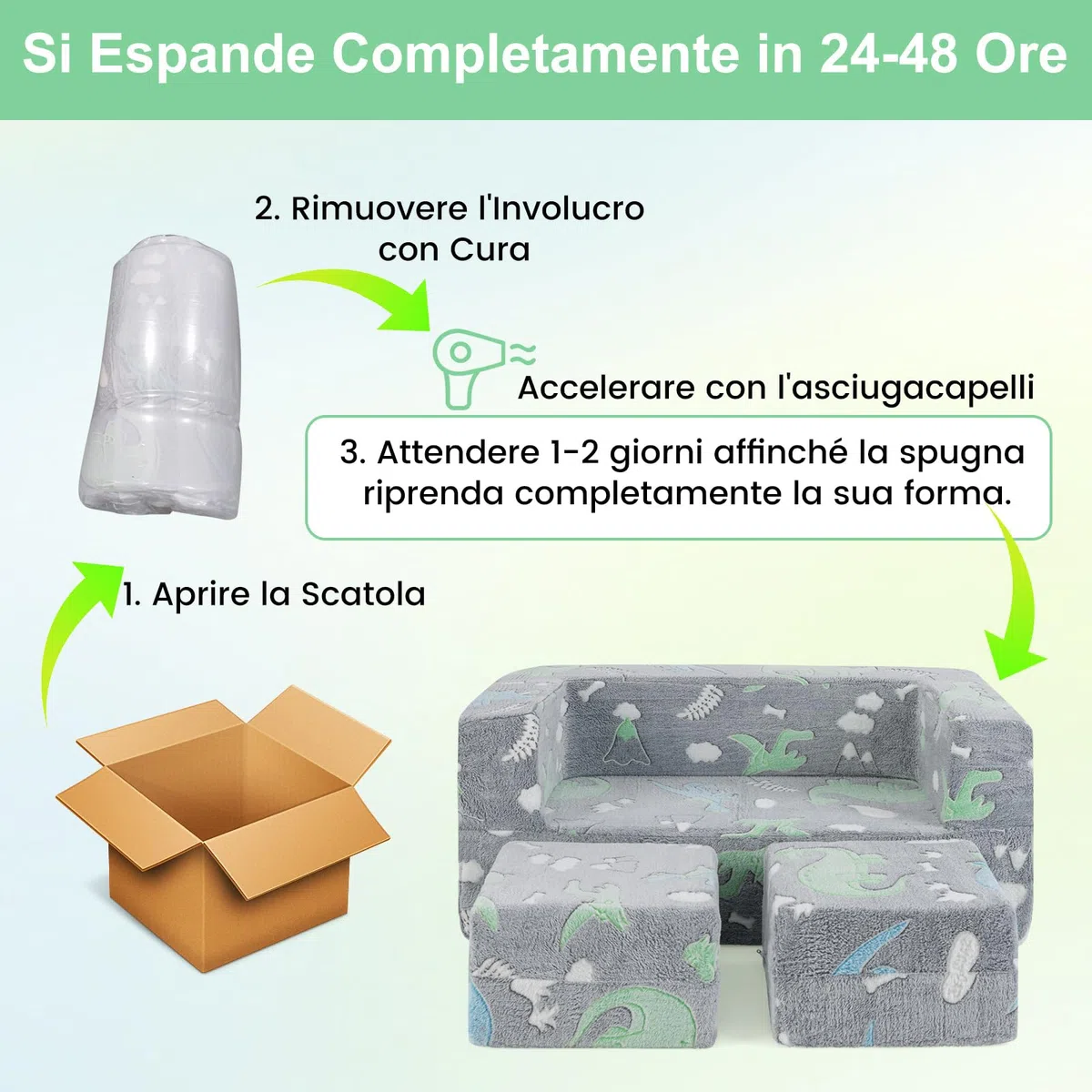 COSTWAY Divano Pieghevole 3 in 1 per Bambini Brilla al Buio, Poltrona Bambini con Rivestimento in Flanella Rimovibile e Lavabile, Pouf per Cameretta (Dinosauro Grigio)