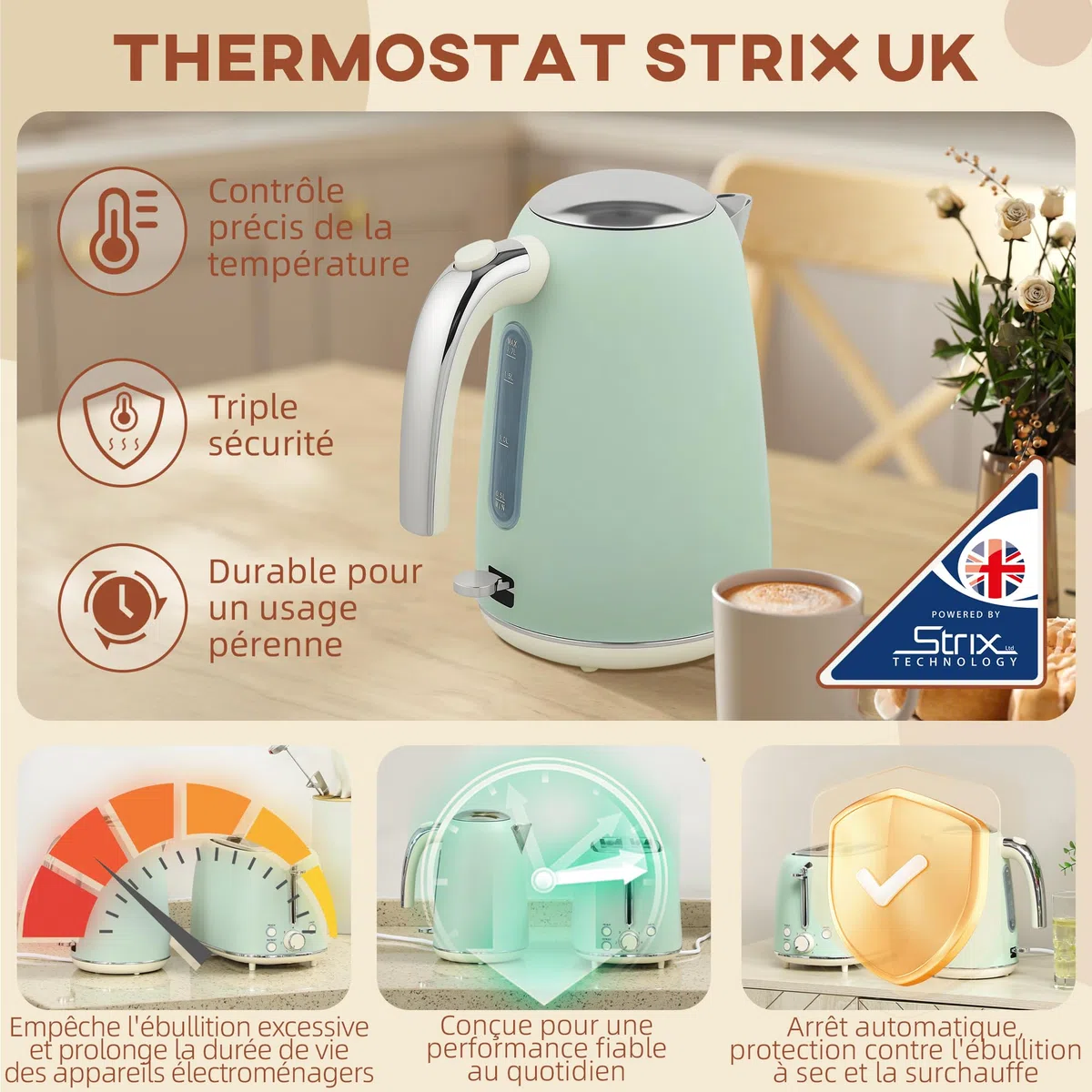 HOMCOM Set di bollitore e tostapane in acciaio inox 2200 W e 1,7 L, tostapane 2 fette, 7 livelli di brunitura, riscaldamento rapido, termostato Strix, filtro anticalcare e vassoio per briciole, verde