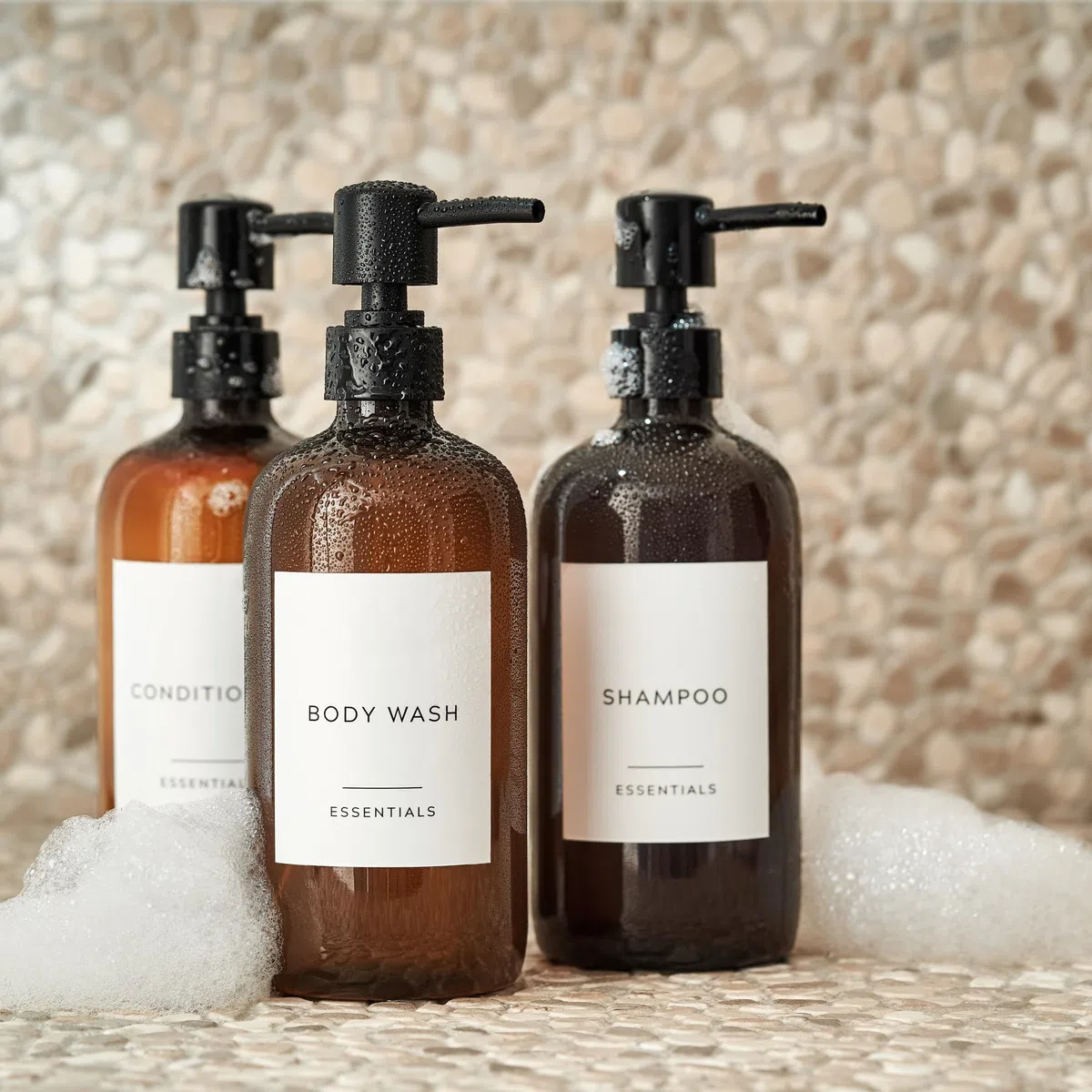 KIBAGA Set di 3 erogatori in PET per shampoo, balsamo e bagnoschiuma, 620 mL, con pompa ed etichette, facile da ricaricare, per un miglioramento istantaneo dell’arredamento del bagno, bianco