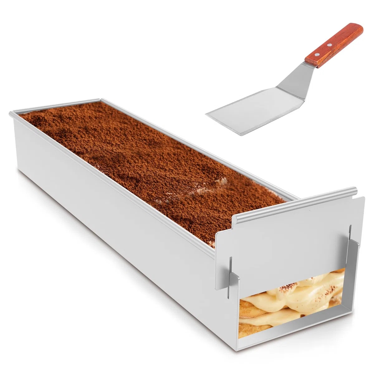 Forma rettangolare regolabile con paletta per torte | Telaio in lega di alluminio con rivestimento antiaderente. Stampo ideale per mousse e dessert. Facile da pulire.