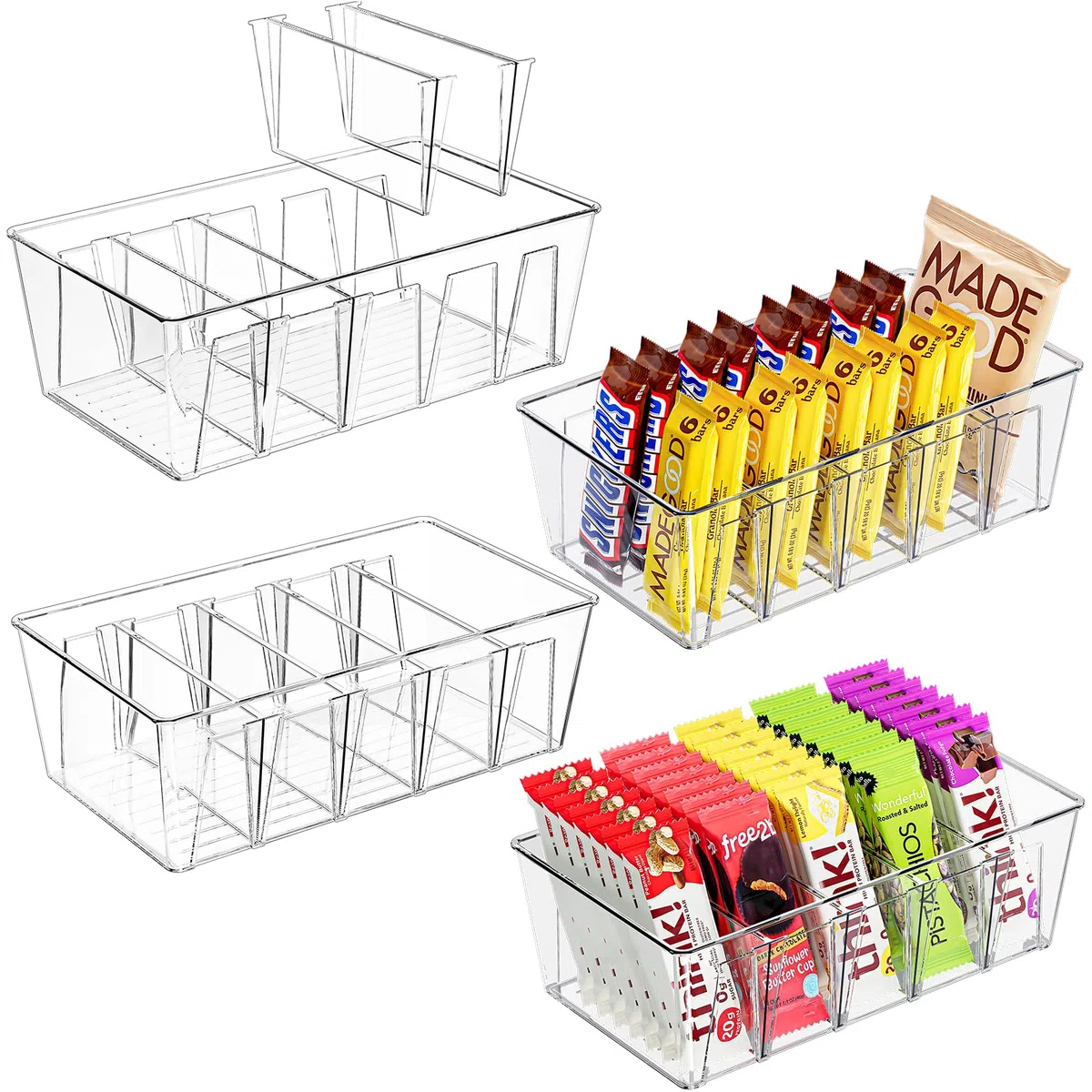 Puricon Confezione da 4 contenitori dispensa, cucina, frigorifero, piano lavoro, impilabili, plastica trasparente, divisori rimovibili, 5 scomparti snack