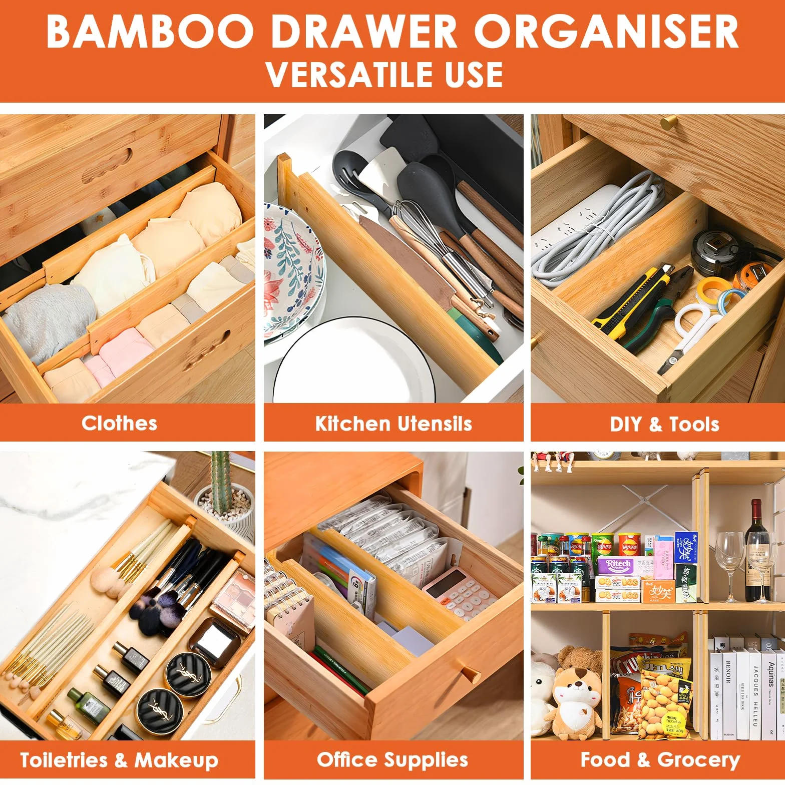 Divisori per Cassetti Cucina Regolabili (43-56cm, Alti 6cm) 6 Pezzi Separatori per Cassetti in Bambù Divisori Cassetti per Organizer Cassetti per Armadio, Biancheria Intima, Naturale