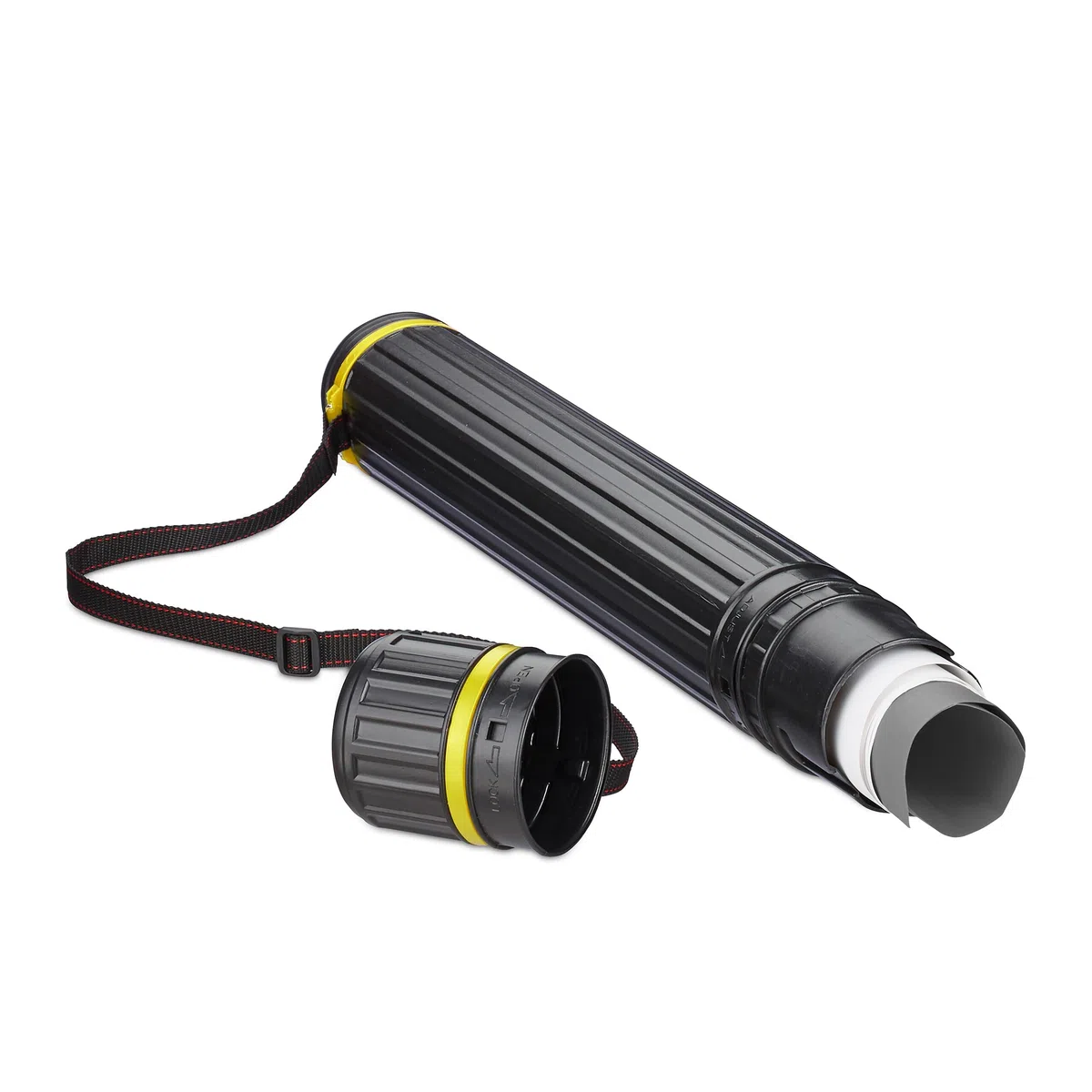 Relaxdays Tubo Portadisegni, Formato Max. A0, Cintura Regolabile, Tappo a Vite, Altezza 64-107 cm, Plastica, Nero Giallo