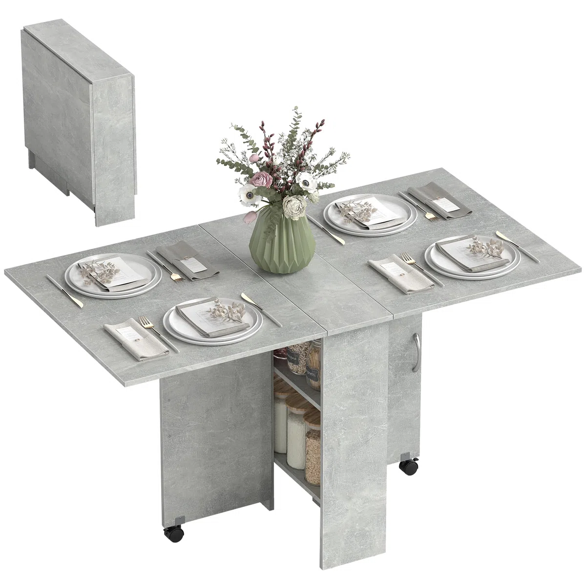 HOMCOM Tavolo da Pranzo Pieghevole, Tavolo Cucina a Ribalta per 6 Persone, Scrivania Richiudibile Salvaspazio con 2 Ripiani Aperti e Ruote a Freno, per Soggiorno, Ufficio, 140x75x74cm, Grigio Cemento