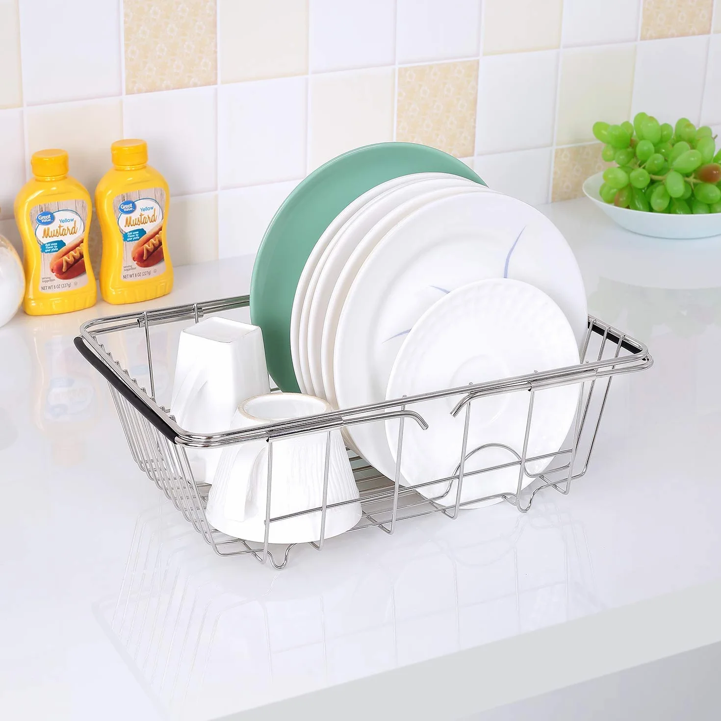 Toplife Cestello per Scolapiatti da Lavello in Acciaio, Scolapiatti da Appoggio Regolabile, Cestello Estensibile per Stoviglie per Frutta e Verdura Scodelle Ciotole Piatti e Utensili da Cucina