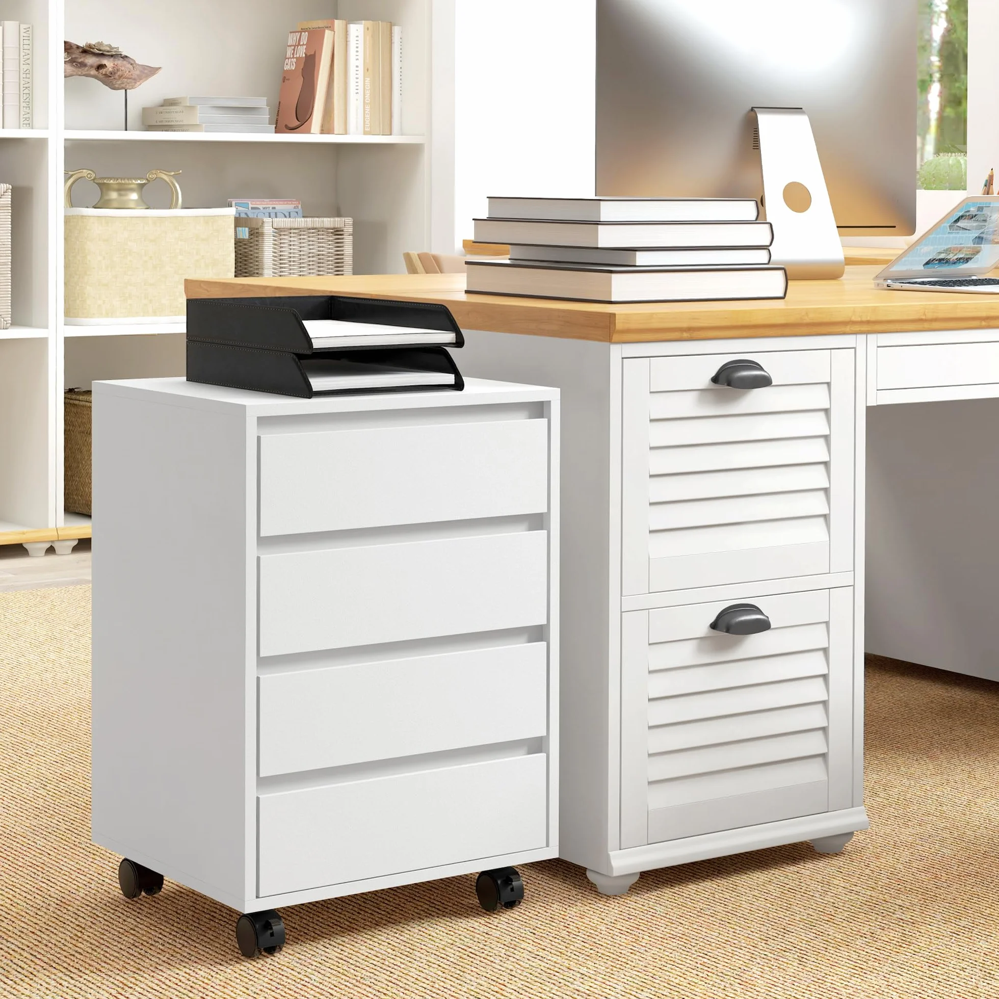 HOMCOM Schedario da Ufficio con 4 Cassetti, Ruote a Freno, Cassettiera Scrivania per Lettera/Formato A4/Legale, Cassettiera Ufficio per Studio Sotto Scrivania, 46x40x65 cm, Bianco