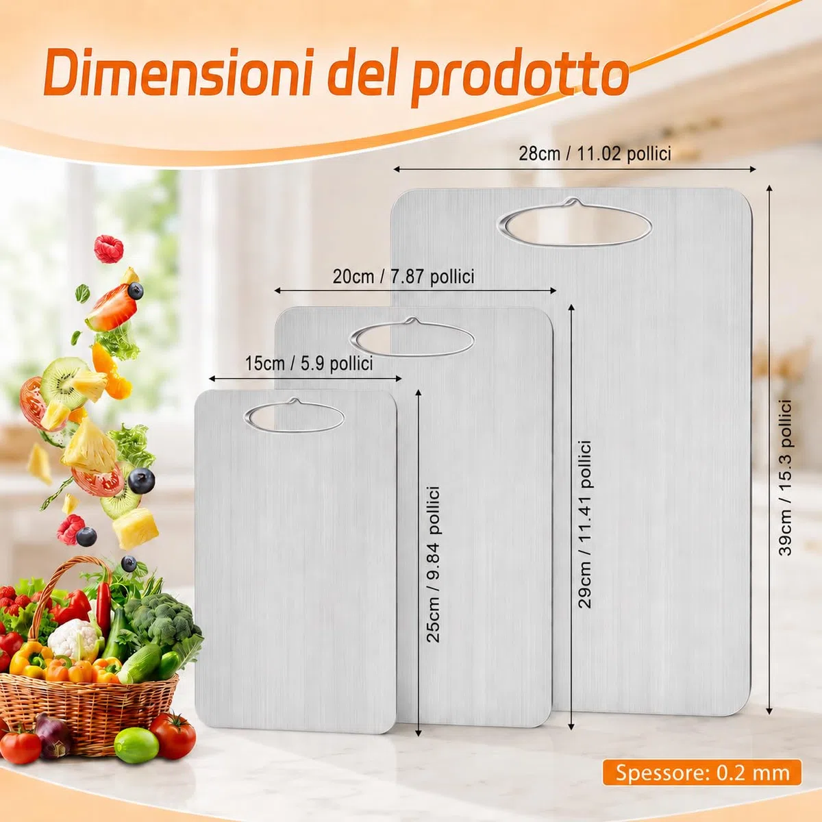 Set di 3 Tagliere in Titanio, S316 Tagliere Acciaio Inox, Doppio Lato per Alimenti, Cutting Board Facile da Pulire per Verduras, Fruttas e Carne