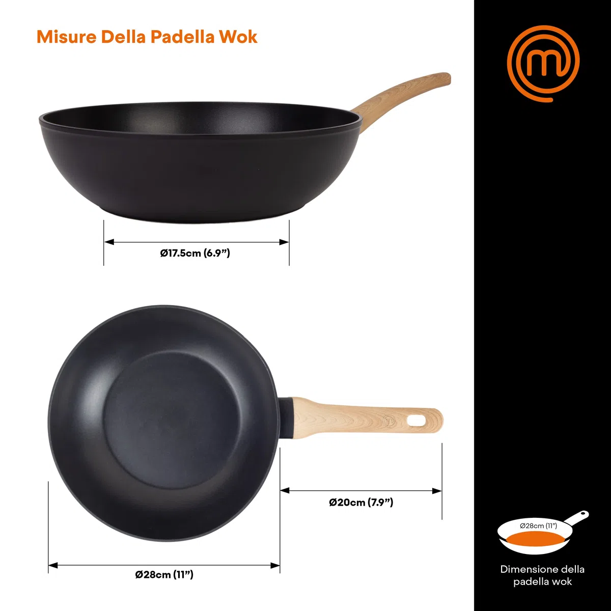 MasterChef Wok, Padella Antiaderente 28cm, Pentole Aluminio, per Salta e altro, Cinese, Induzione e altro, Tutti i Piani, Antigraffio, Lavabile in Lavastoviglie, Nero