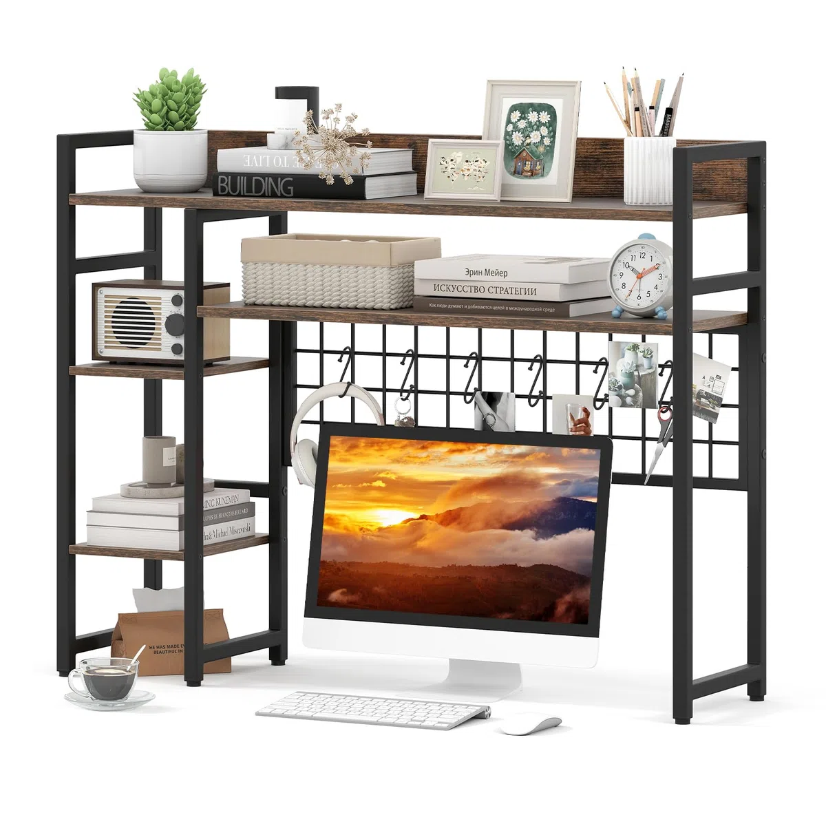 RELAX4LIFE Libreria da Scrivania a 4 Ripiani, Organizer per Oggetti con Pannello a Griglia Metallica, Mensola Scaffale Espositivo da Scrivania in Legno per Ufficio Casa Dormitorio (Industriale)