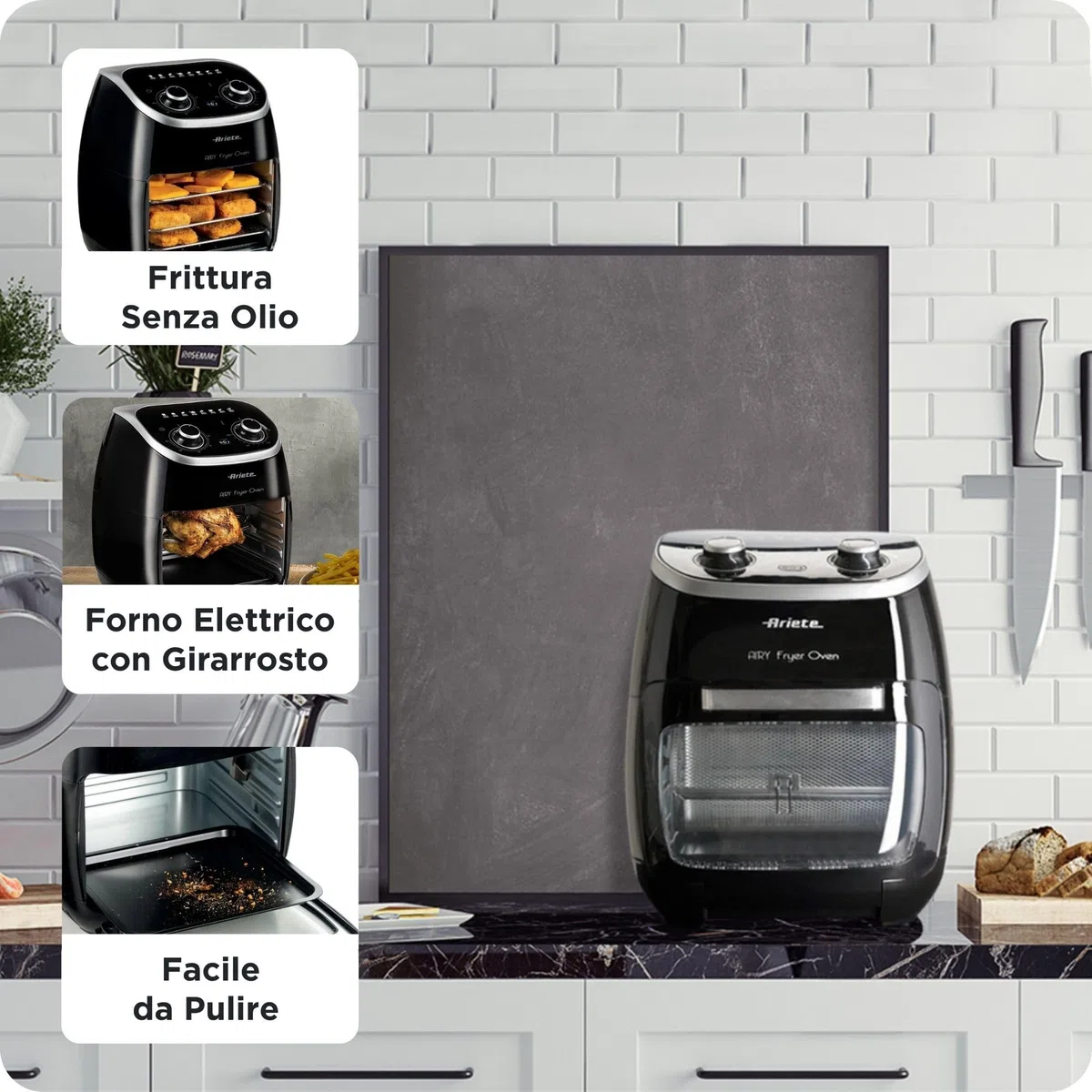 Ariete 4619 Airy Fryer Oven - Friggitrice ad Aria e Forno Elettrico con Girarrosto - Cestello Rotante - Essiccatore - 2000 Watt - 11 Litri - Nero