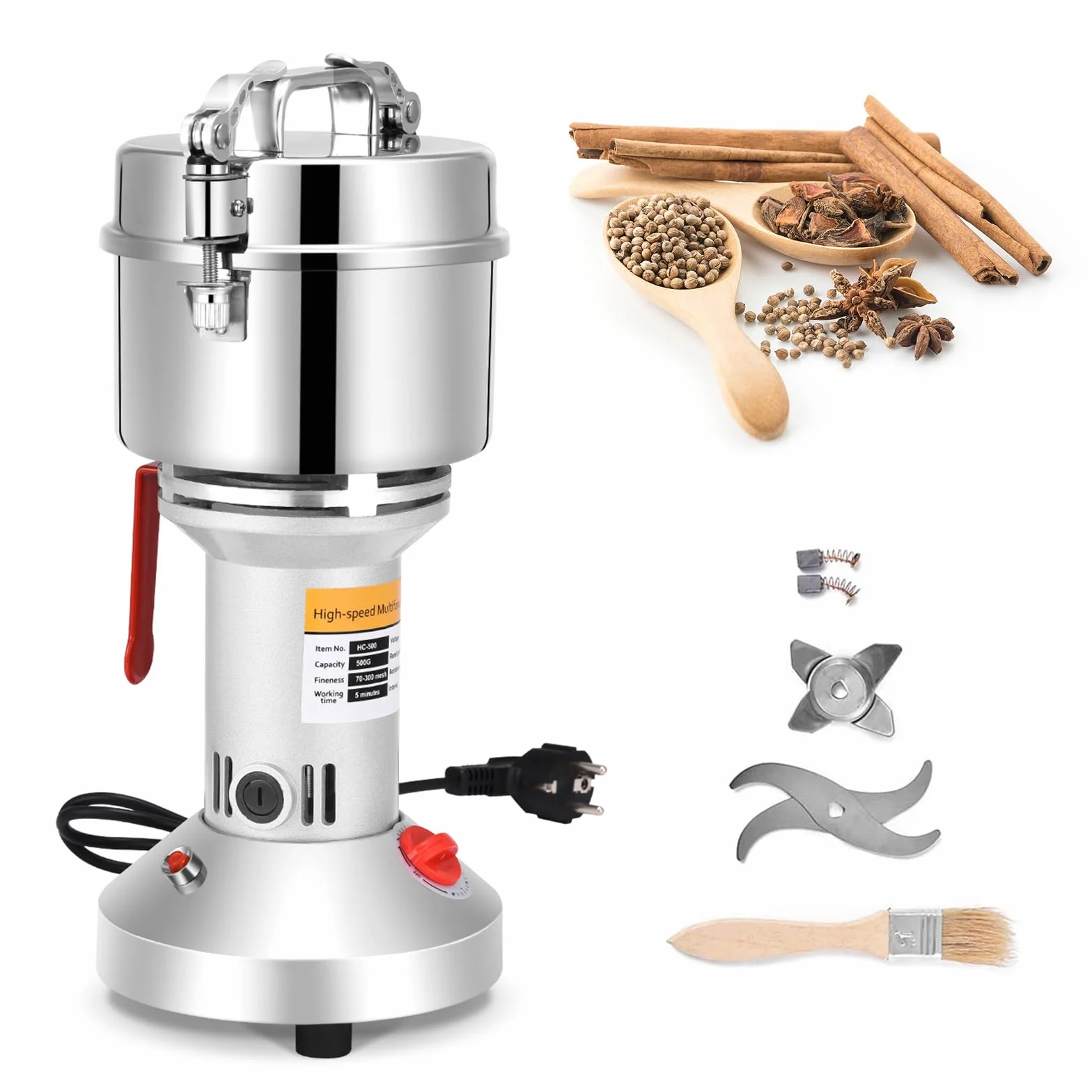 Mulino per Cereali, 500 g Grinder per Cereali Elettrico in Acciaio Inossidabile Mulino per Farina ad Alta Velocità 28000 giri/min Motore 30s Macinazione Fine per Grano Spezie Caffè Mais