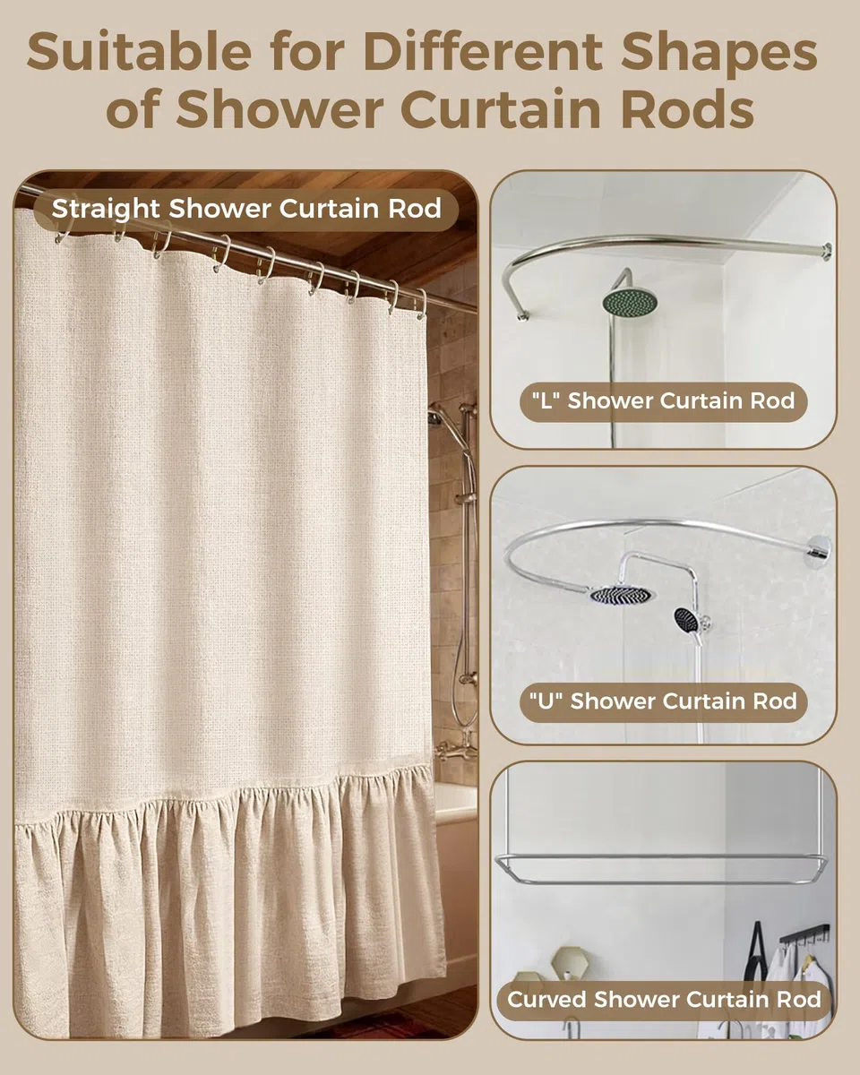 Tenda da Doccia in Lino Beige 180x200 cm – Impermeabile, Antimuffa e Antibatterica, Tessuto Pesante 180GSM con Orlo Zavorrato, Lavabile Tenda da doccia, con 12 Ganci per Bagno
