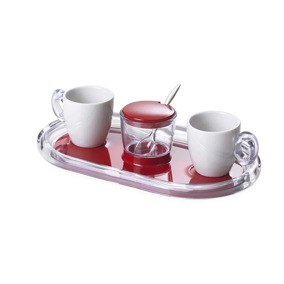 Omada Design Set 2 Tazzine Caffè in porcellana con Vassoio, Zuccheriera e Cucchiaino in acrilico trasparente, Made in Italy, Linea Crystal, Rosso