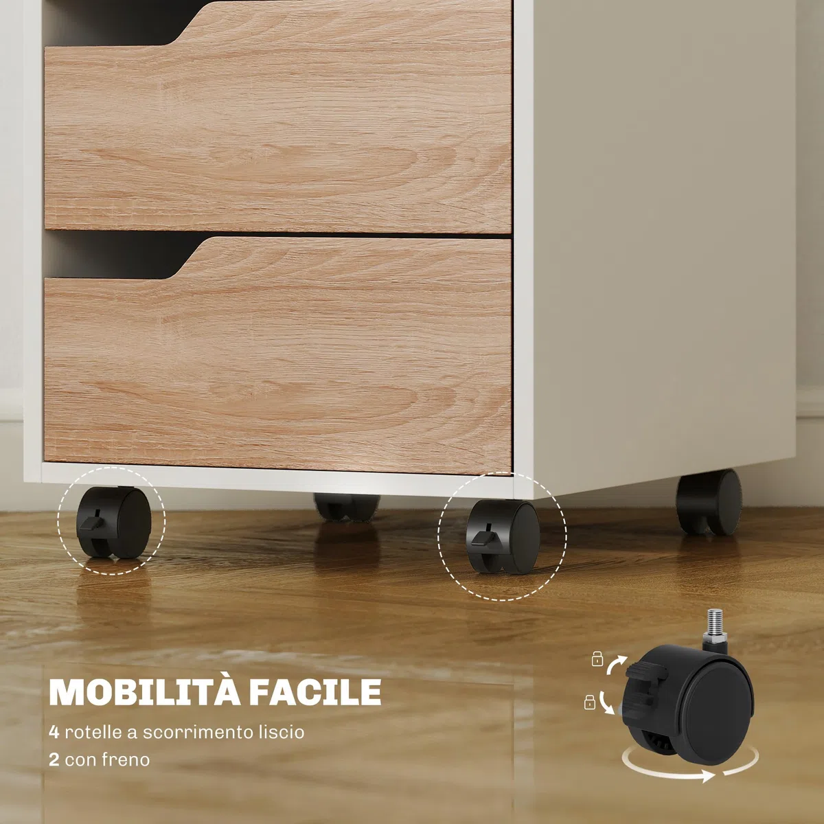 HOMCOM Cassettiera da Ufficio Portadocumenti a 3 Cassetti con Maniglie a Scomparsa, Armadietto da Ufficio a 4 Ruote in Legno e Metallo, 40x50x57.5 cm, Legno e Bianco