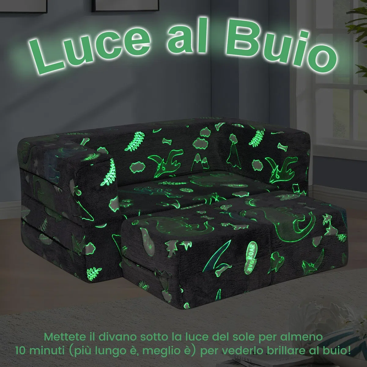 COSTWAY Divano Pieghevole 3 in 1 per Bambini Brilla al Buio, Poltrona Bambini con Rivestimento in Flanella Rimovibile e Lavabile, Pouf per Cameretta (Dinosauro Grigio)