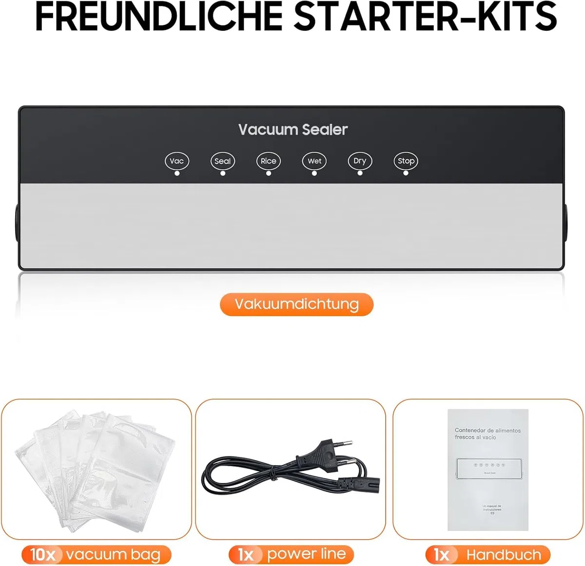 Macchina Sottovuoto,Potente 90Kpa Precisione 5 in 1 Sistema di Conservazione degli Alimenti Sottovuoto, Include sacchetto per il vuoto, Modalità a Secco e Umido Nero (Black, 10 vacuum bags)