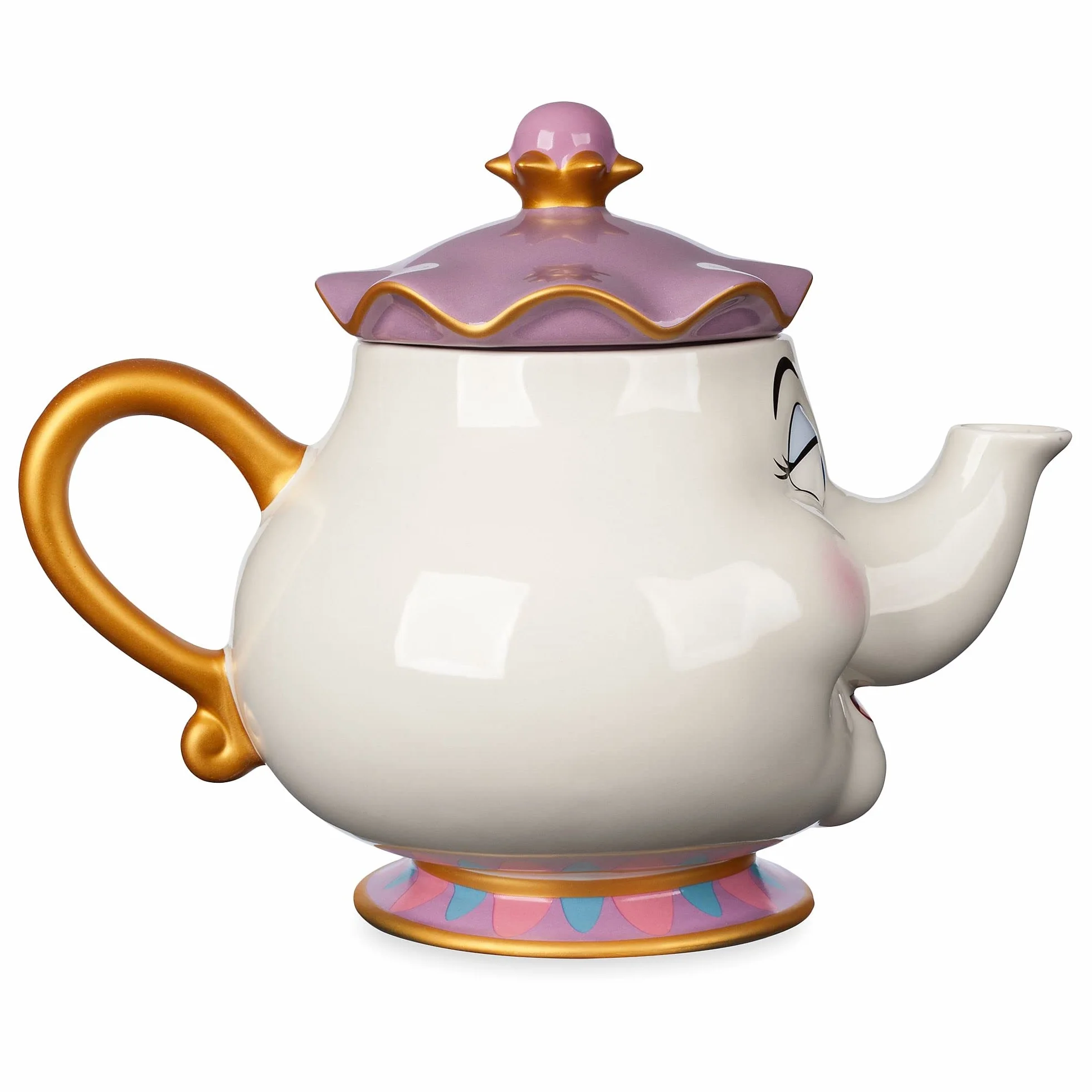 Disney Store grande teiera ufficiale in ceramica di Mrs. Bric, La Bella e la Bestia, teiera per bimbi in gres con dettagli dipinti e particolari in lamina dorata - 945 ml