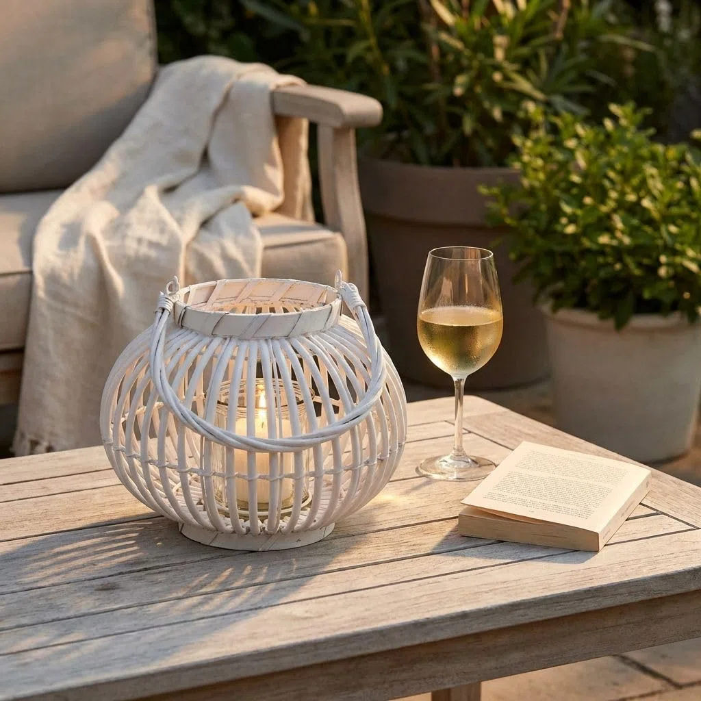 Milani Home - lanterna decorativa in vimini e vetro, bianco, portacandela da giardino e interno, per portico e veranda