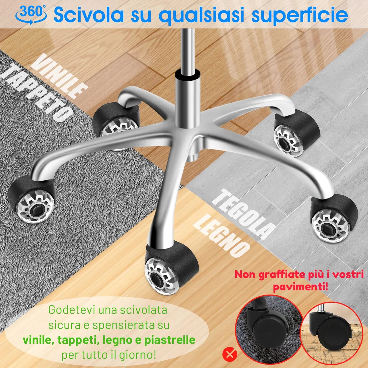WECUTE Ruote Sedia Ufficio, 11X 22MM Set di 5 Rotelle Sedia Ufficio, Compatibili con Diversi Tipi di Pavimenti,Ruote per sedia Ufficio, Parquet (11 * 22MM)