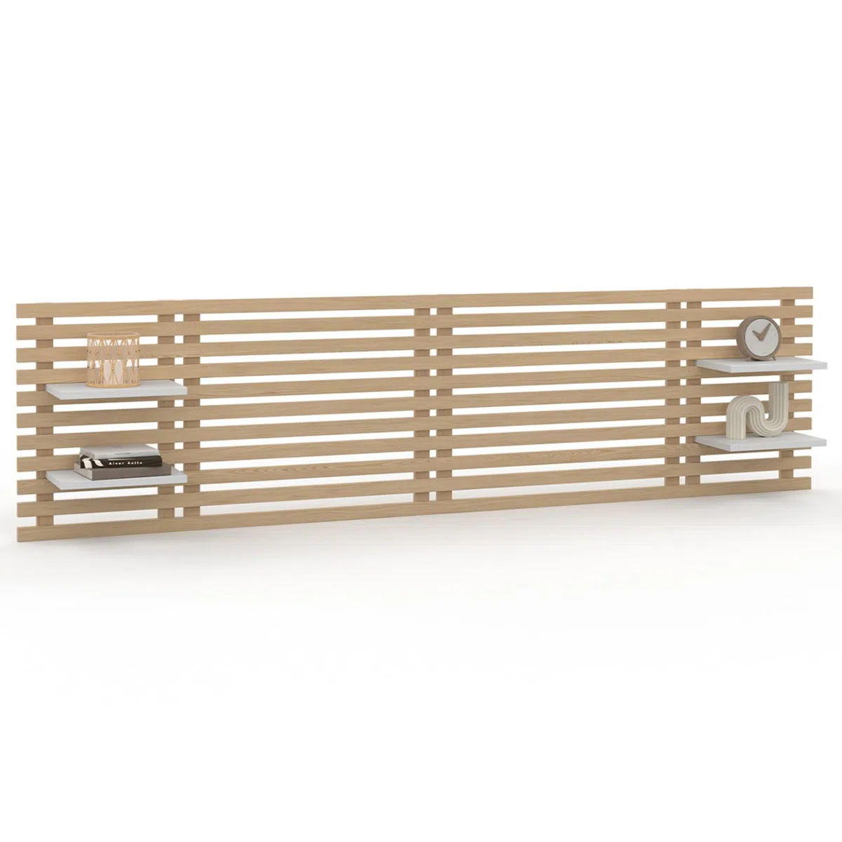 IDMarket - Testiera effetto doga 240 cm in legno chiaro e ripiani bianchi AVA