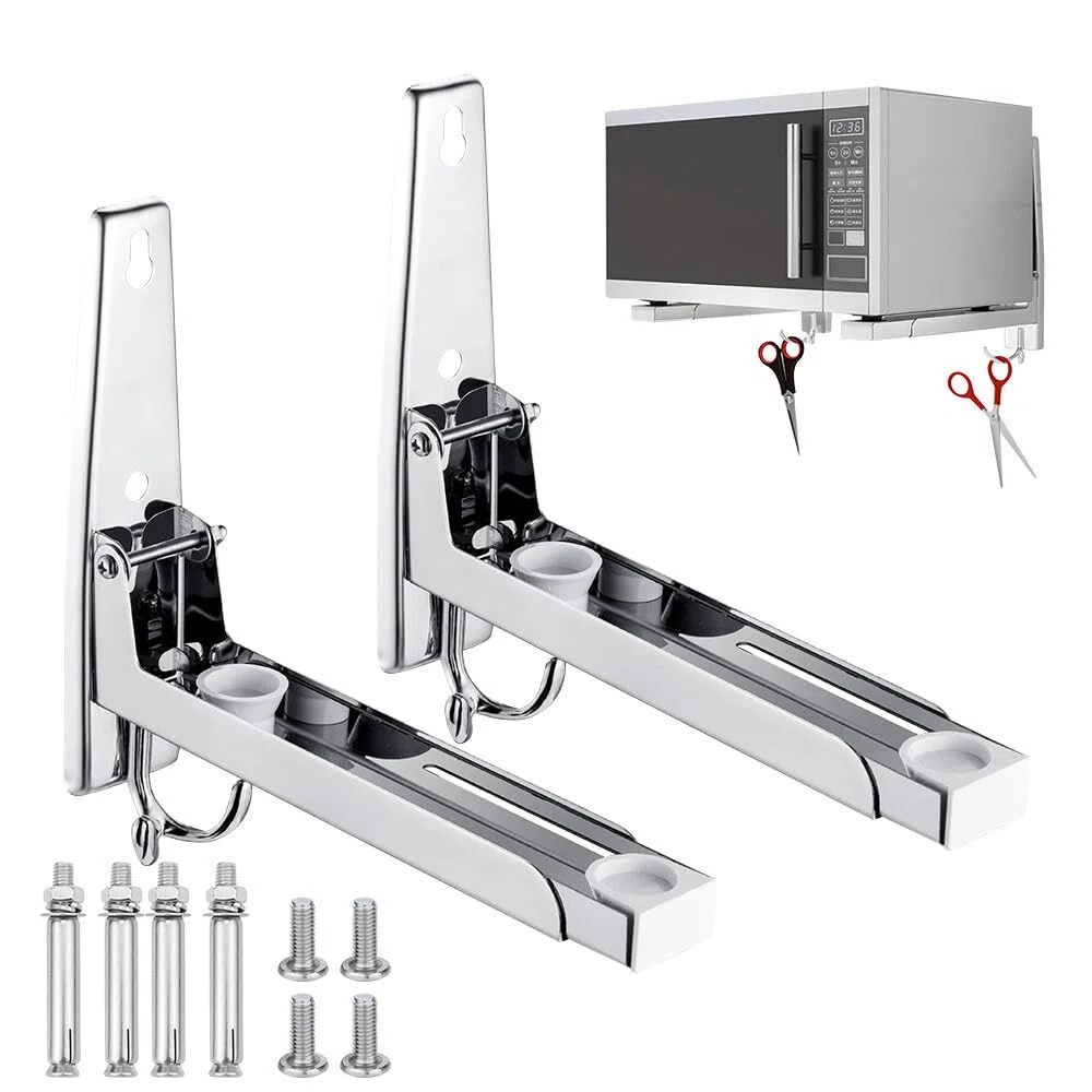 Staffa per Microonde, Supporto per Microonde in Acciaio Inox con 2 Gancio, Braccio Telescopico, Estensibile 20 – 40 cm, Supporto per Forno a Microonde da Parete