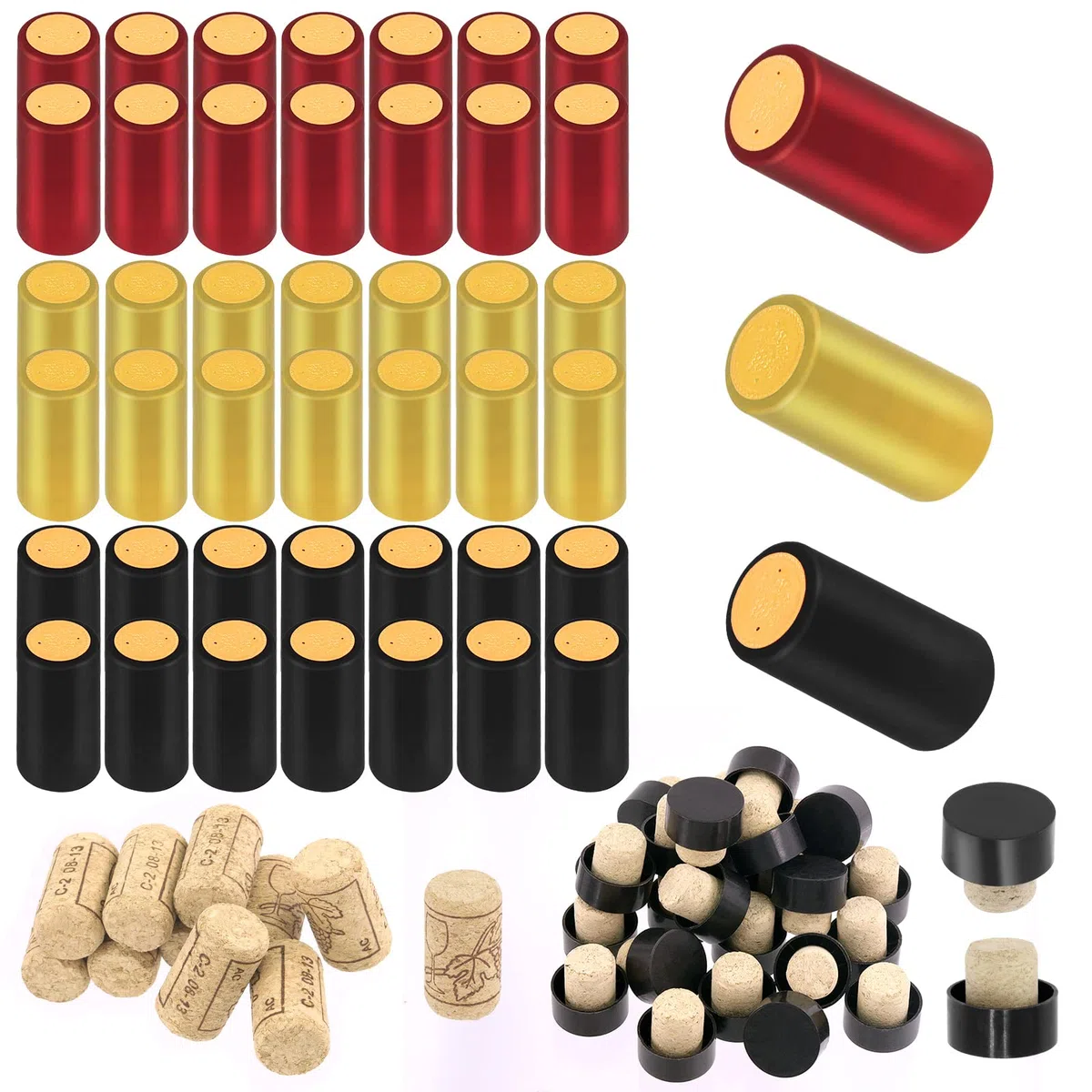 Swpeet Kit assortito di capsule termorestringenti in PVC e tappo in sughero, 100 pezzi, 3 colori, oro, nero, rosso per capsule e bottiglie