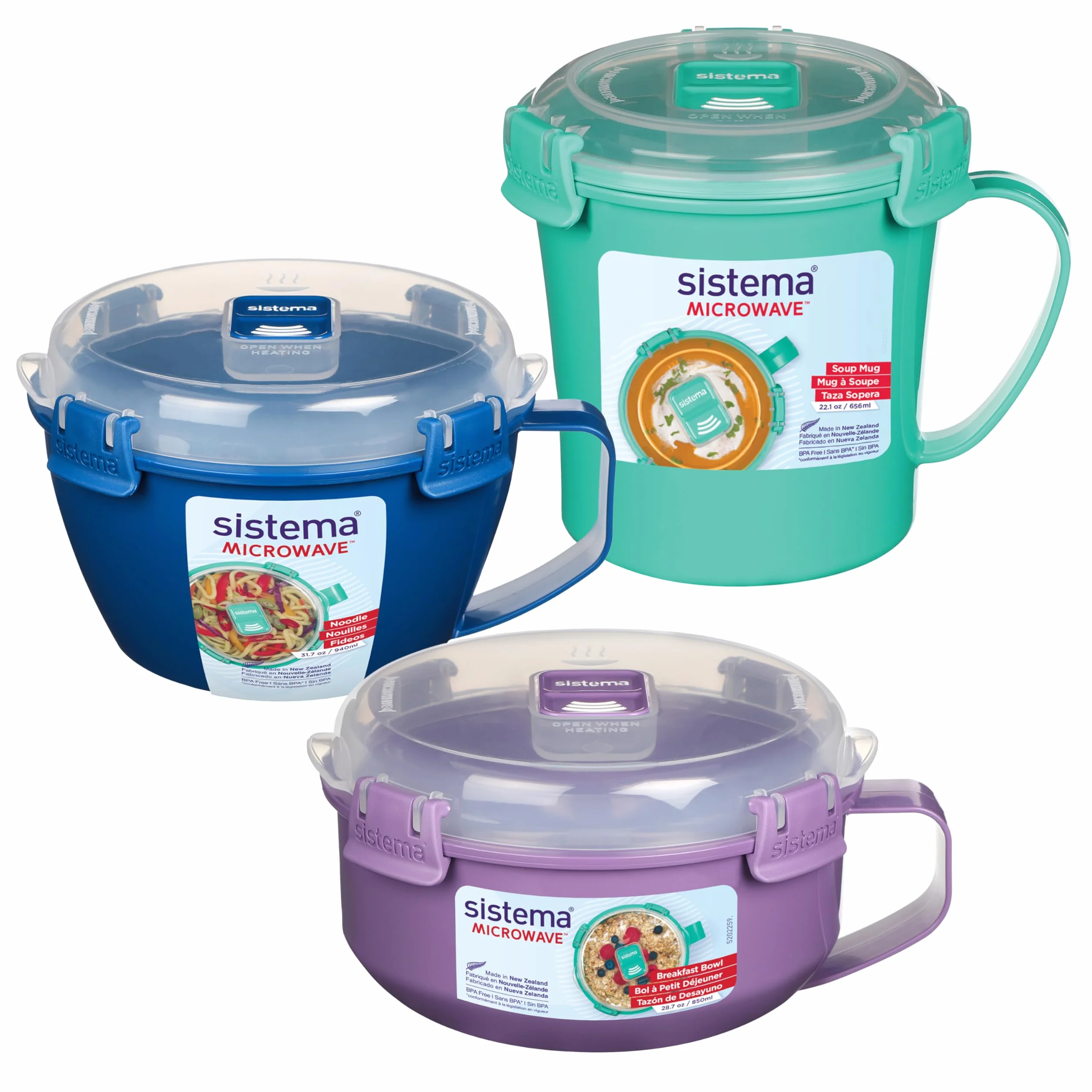 Sistema Contenitori per Microonde | Tazza per Zuppa, Ciotola per Porridge e Ciotola per Noodles | Contenitori per Alimenti per Microonde con Valvole di Rilascio del Vapore | Confezione da 3