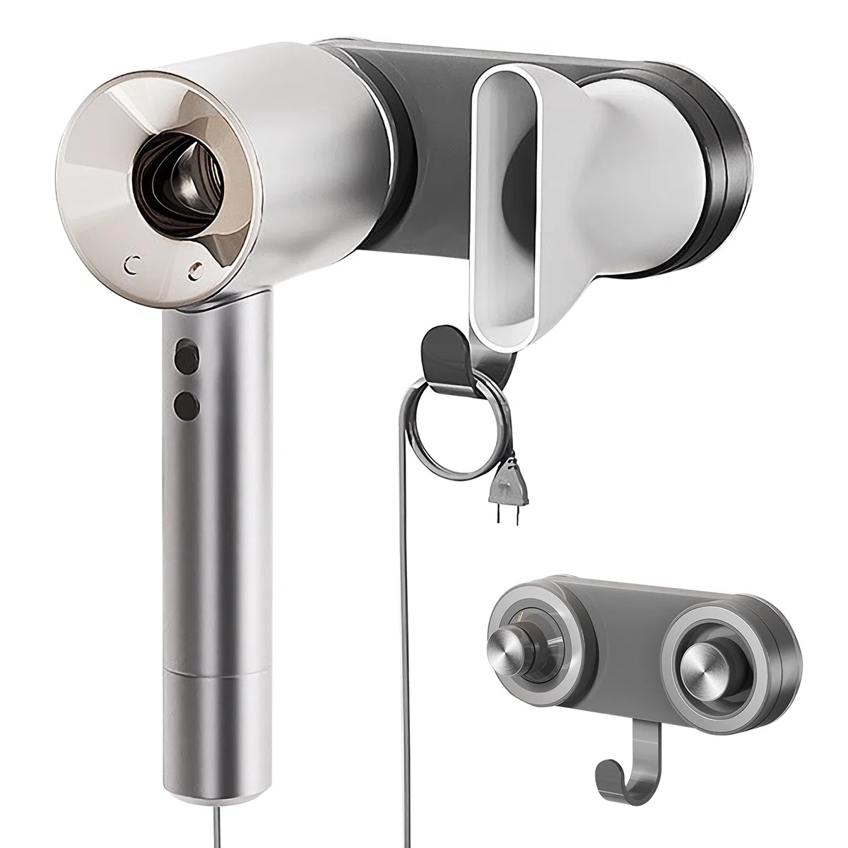 Supporto magnetico per asciugacapelli, con ventosa senza punzonatura, con gancio organizer per cavi, per asciugacapelli Dyson e Laifen