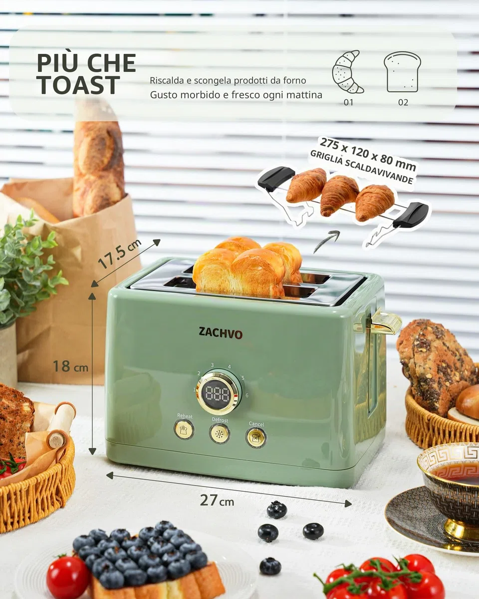 Tostapane 2 fette, ZachVO tostapane con inserto per panini, 6 livelli di doratura, cassetto raccoglibriciole rimovibile da 850 W, schermo a LED, High Lift, riscaldamento, scongelamento, funzione di