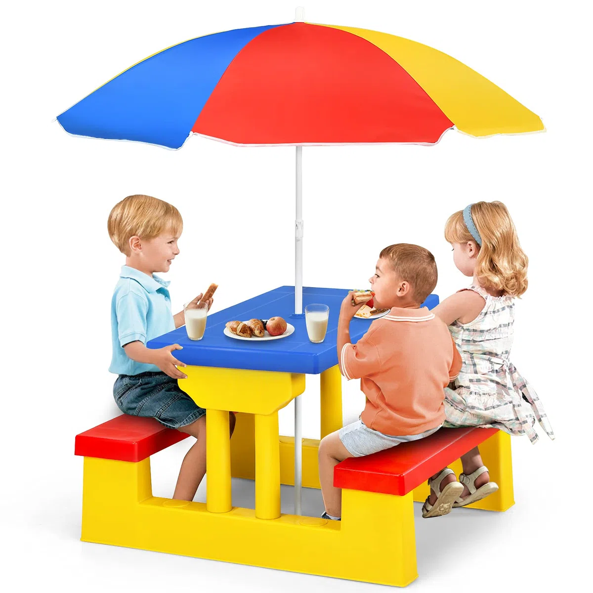 KOMFOTTEU Set di sedie per bambini con ombrellone, mobili per bambini con 1 tavolo e 2 panche, set per bambini in polipropilene, set da picnic per parco, giardino, campeggio, blu, rosso, giallo