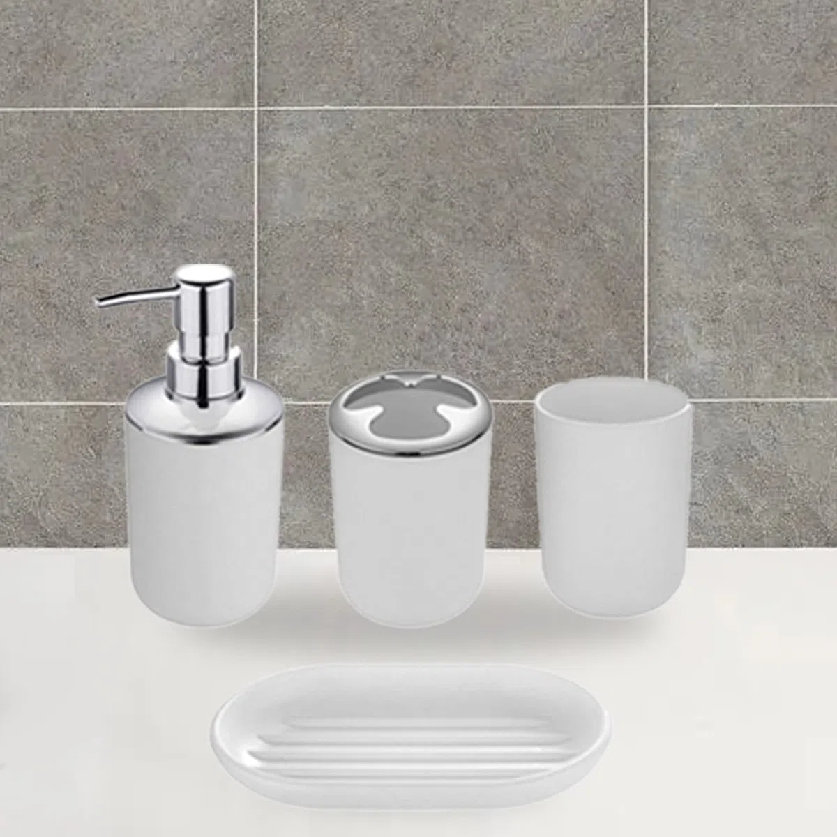Set di 4 accessori da bagno con dispenser per sapone, tazza da bagno, portasapone, portaspazzolino e dentifricio (bianco)