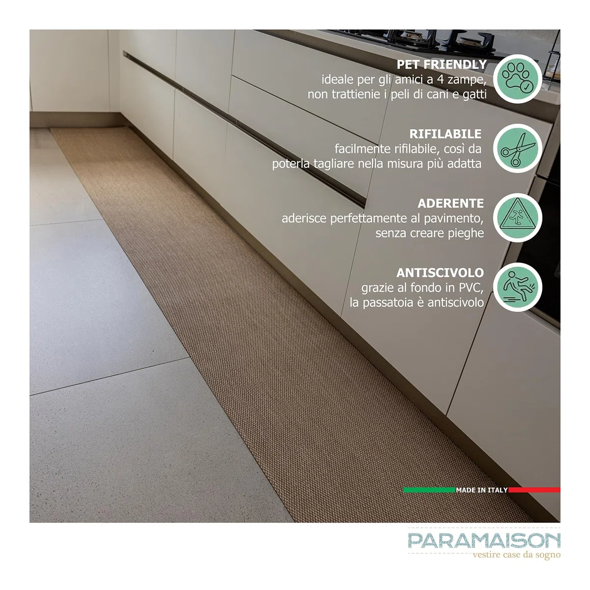 PARAMAISON Tappeto PVC Cucina Infinity, Passatoia Antiscivolo Lavabile, Antimacchia, Multiuso, Lavabile, Cucina, Soggiorno, Design Stilizzato Onda Grigio Chiaro| 50x200cm