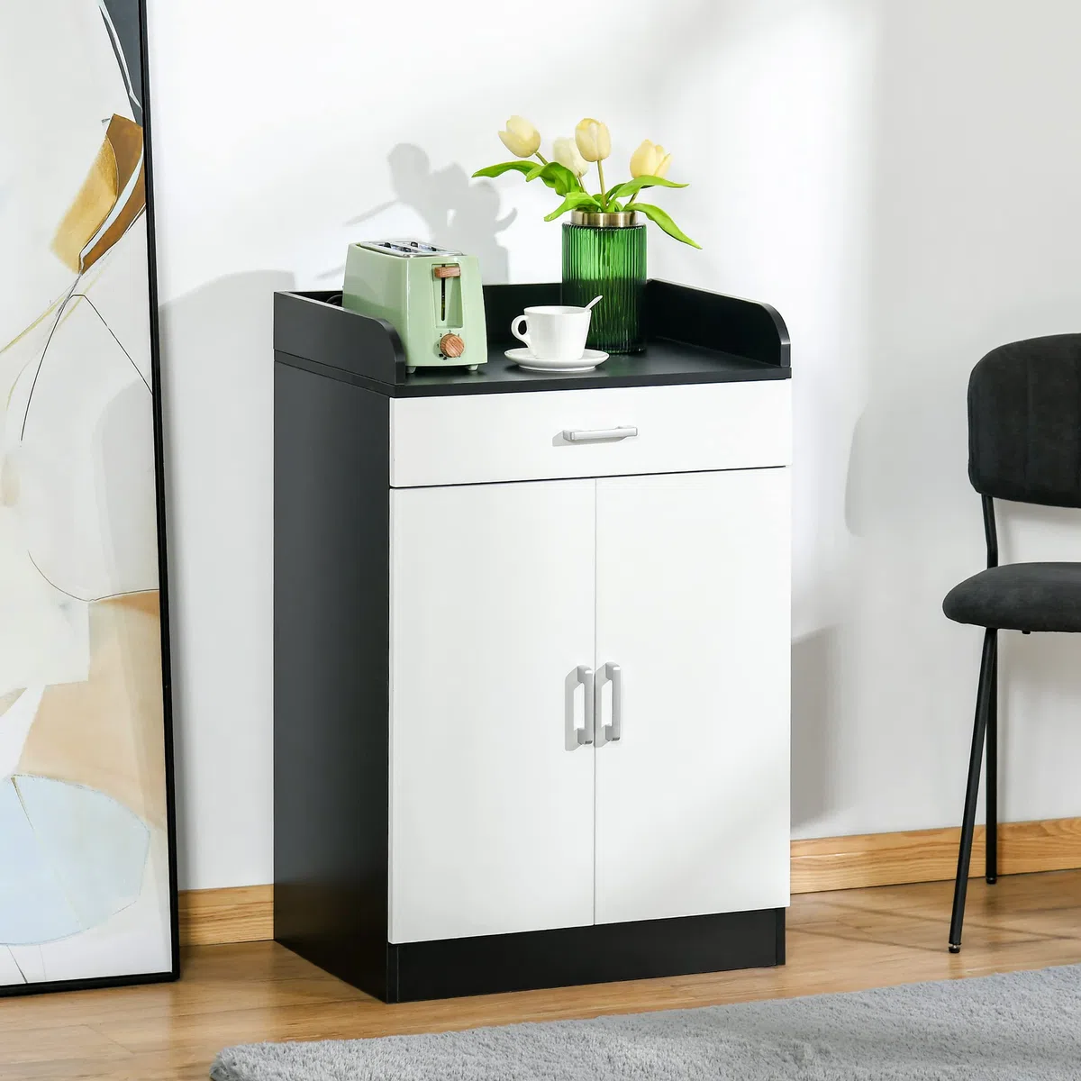 HOMCOM Mobiletto con Cassetto di Legno, con Ripiano Regolabile, Mobiletto da Cucina Salvaspazio, Soggiorno e Anticamera, in Legno MDF, 60x40x90cm, Bianco e Nero