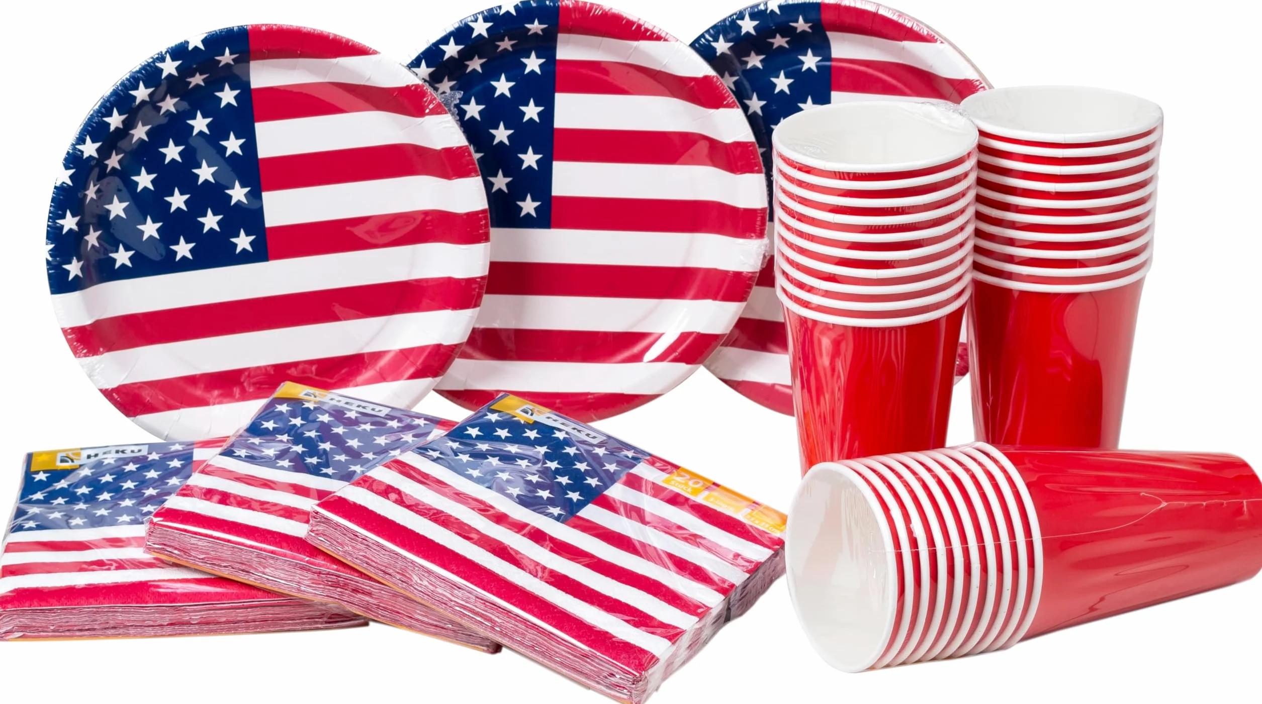 HEKU Set usa e getta, 120 pezzi, bandiera americana, incluso piatto di carta con motivo, bicchiere per feste (0,473 l) e tovaglioli (33 x 33 cm), ideale per feste ed eventi
