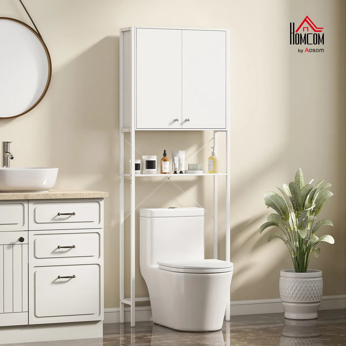 HOMCOM Mobile Bagno Sopra WC con Armadietto e Ripiano Aperto, Mobile Sopra Lavatrice Salvaspazio con Gambe in Metallo, per Bagno e Lavanderia, 64x20x180 cm, Bianco