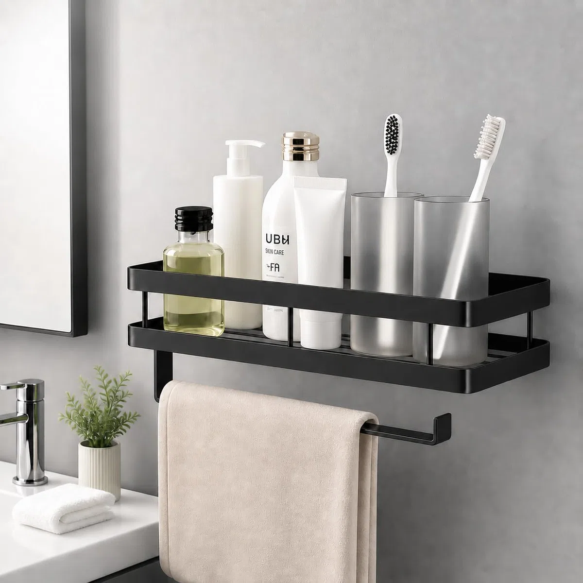 Portaspezie da Parete Senza Forare con Porta Rotolo da Cucina, Mensola Cucina in Acciaio al Carbonio Nero, Organizer per Spezie con 4 Ganci per Utensili e Strofinacci