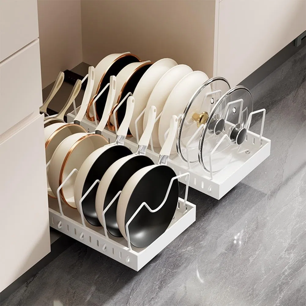 Scaffale scorrevole estraibile per mobili da cucina, progettato per contenere pentole, padelle, coperchi e set di piatti (B nero)