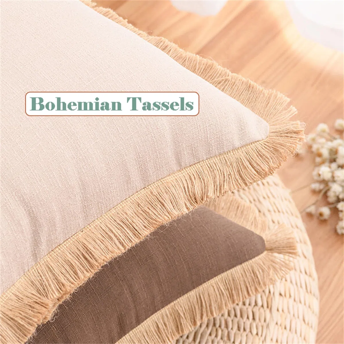 YUEZHONG Confezione Da 2 Federe Decorative In Lino Con Frange, Federe Boho Con Morbida Nappa, For Divano, Letto, Arredamento For La Casa(Cream)