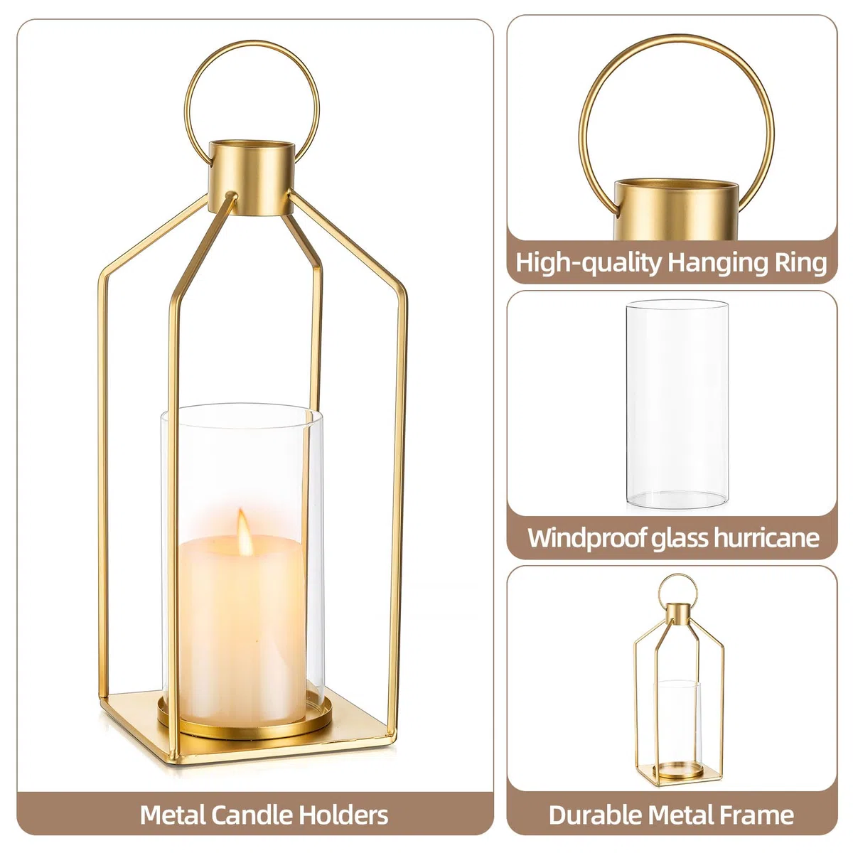 Portacandele in oro con cilindro in vetro: set da 2 candelabri, portacandele antivento, decorazione moderna per matrimoni, soggiorno, armadio