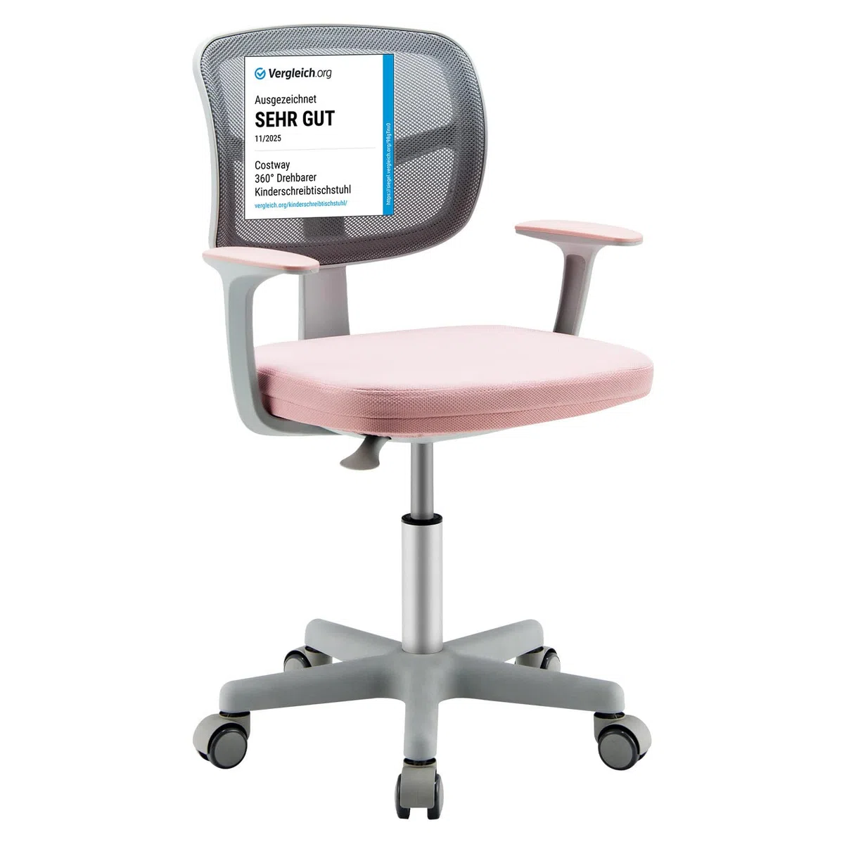 COSTWAY Sedia per Scrivania per Bambini, Sedia per Computer con Altezza Regolabile, Ruote, Sedile Girevole a Rete, Mobile Ergonomica per Bambini 3-10 Anni 3-10 Anni (Rosa)