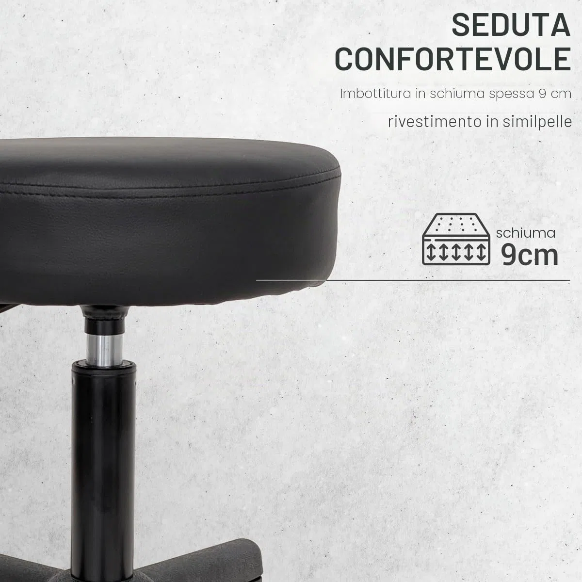 Sgabello girevole senza ruote - Altezza regolabile 44-58 cm - Piedi Fisse - Seduta comoda similpelle nera - Stabile per casa e postazione di lavoro