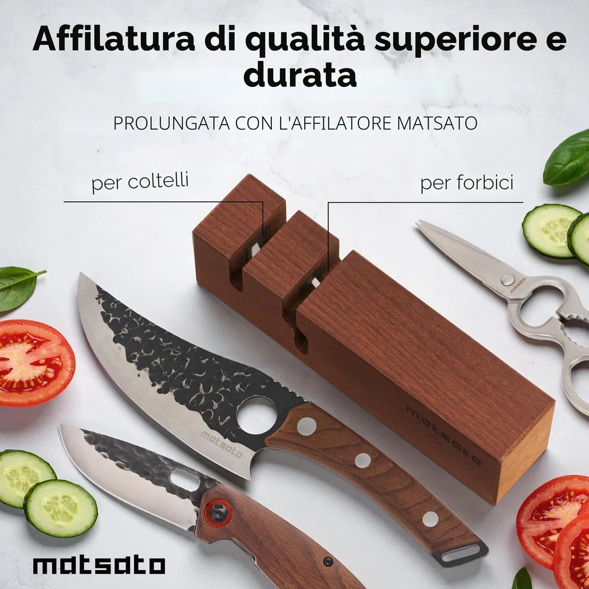 Matsato Affilacoltelli Professionale 2 in 1 - Affila Coltelli Manuale per Coltelli da Cucina e Forbici - Design in Legno di Faggio con Aste in Ceramica