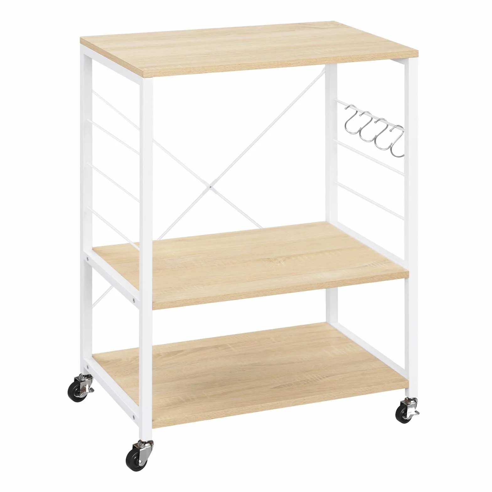 WOLTU Scaffale da Cucina con Ruote, Carrello Cucina a 3 Livelli, Scaffale per Microonde con 4 Ganci, Carrello da Bar con Struttura in Metallo, Bianco + Effetto Legno, 60x40x82,5 cm