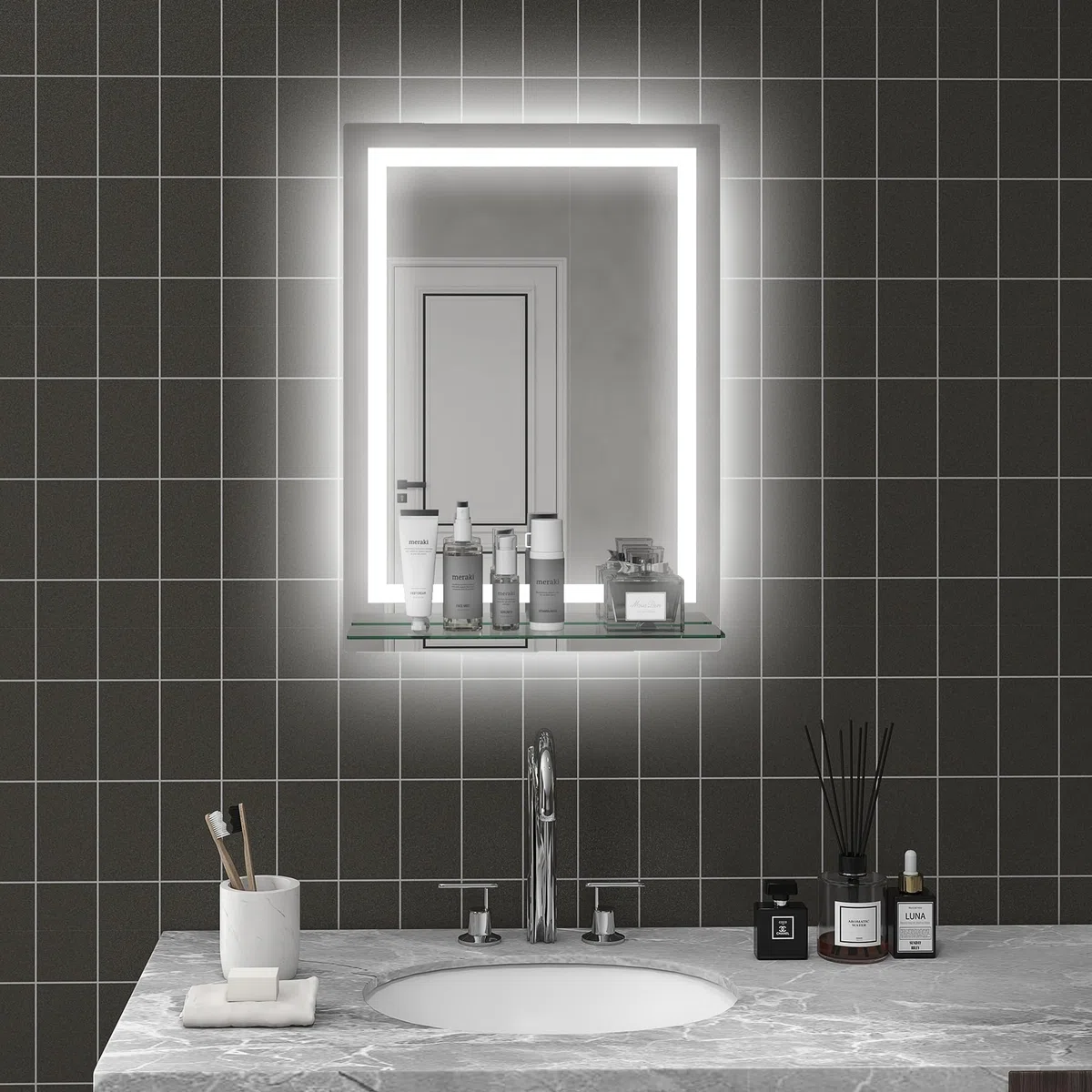 kleankin Specchio per Bagno a Luci LED a 3 Colori Regolabili con Mensola in Vetro, Specchio Illuminato con Funzione a Memoria in Alluminio e Vetro Temperato, 50x12x70 cm, IP44, Argento