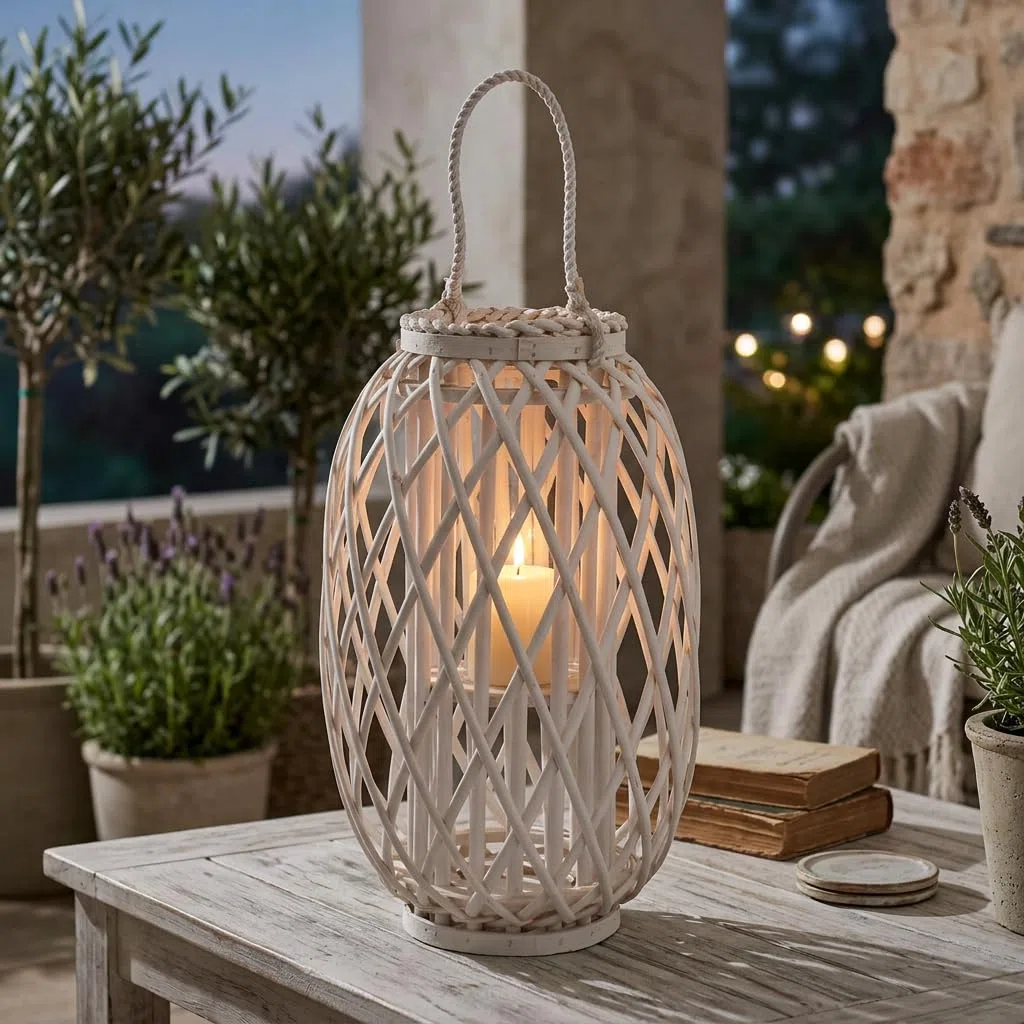Lanterna Bianca in Vimini con Manico in Corda, Lanterna Decorativa Alta per Interni ed Esterni Stile Rustico 16x44 cm