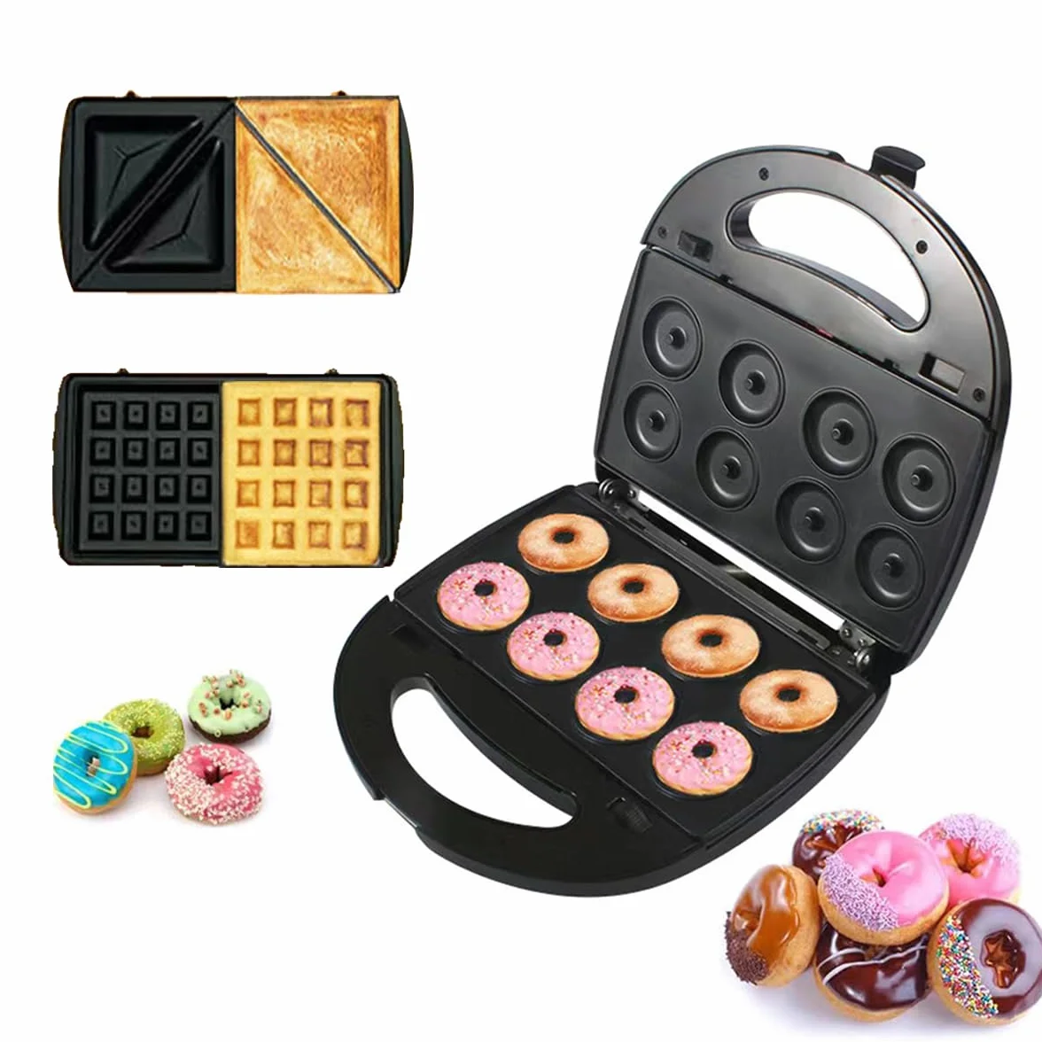 Donut Maker, 3 in 1 macchina per panini elettrici waffles, Panini Press Grill Set con 3 piatti antiaderenti rimovibili intercambiabili, 750W tostapane da dessert staccabile