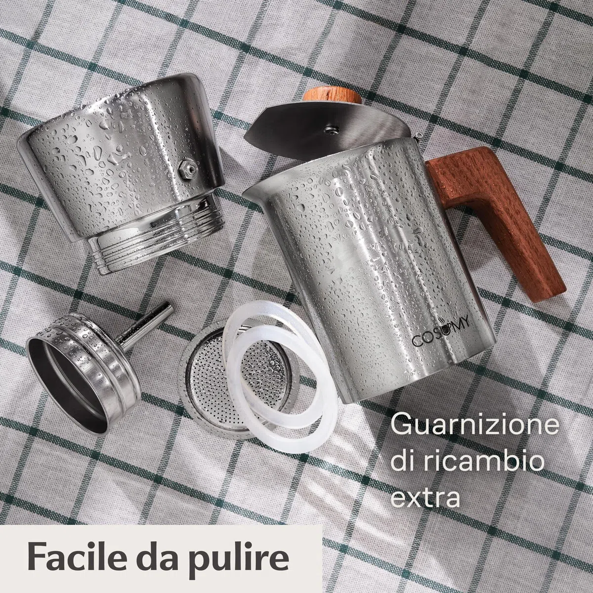 Cosumy Caffettiera Induzione Moka 300ml - Tutti gli tipi di fornelli - 6 Tazze - in Acciaio Inox e Quercia Sostenibile - Manico Anti Scottatura - Express Caffettiera