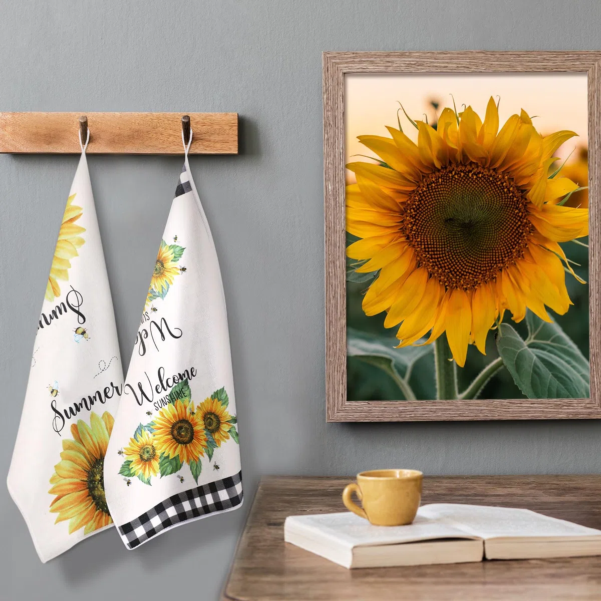 Bencailor 6 presine decorative da cucina, 2 strofinacci, 2 guanti da cucina in fattoria, 2 presine, accessori per cottura alla griglia (giallo, girasole)