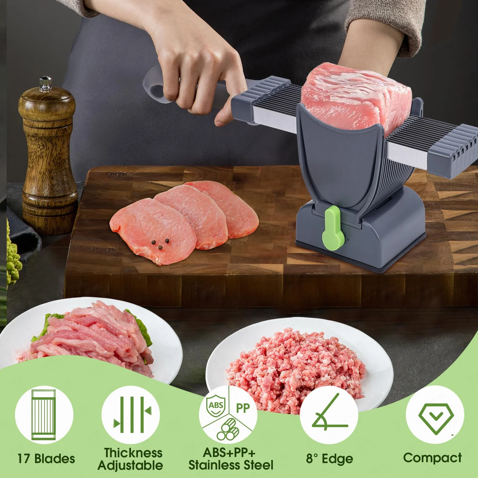 Taglierina manuale per carne 17 in 1, spessore regolabile, 2 o 4 mm, in acciaio inox, frantumazione alimentare, non per carne congelata o